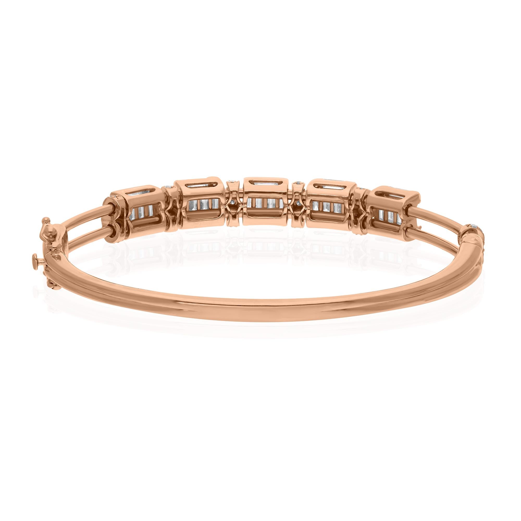 Modern 2.70 Carat Baguette Diamond Bangle Bracelet 14 Karat Rose Gold Handmade Jewelry For Sale