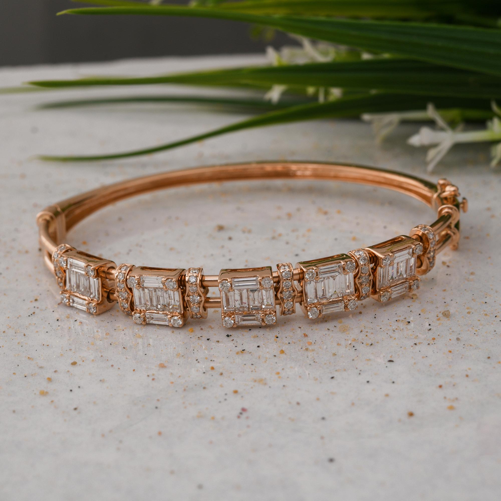 Baguette Cut 2.70 Carat Baguette Diamond Bangle Bracelet 18 Karat Rose Gold Handmade Jewelry For Sale