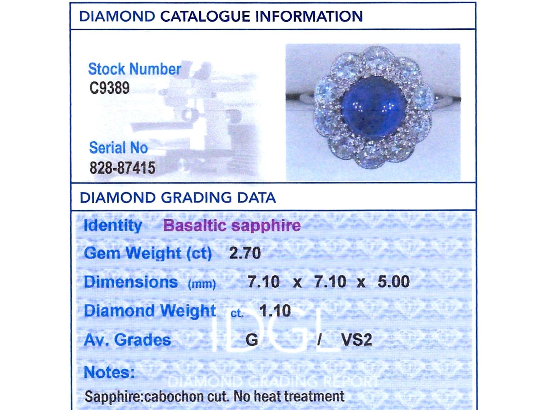 Anello con zaffiro basaltico da 2,70 carati e diamante da 1,10 carati in platino, CIRCA 1930 in vendita 7