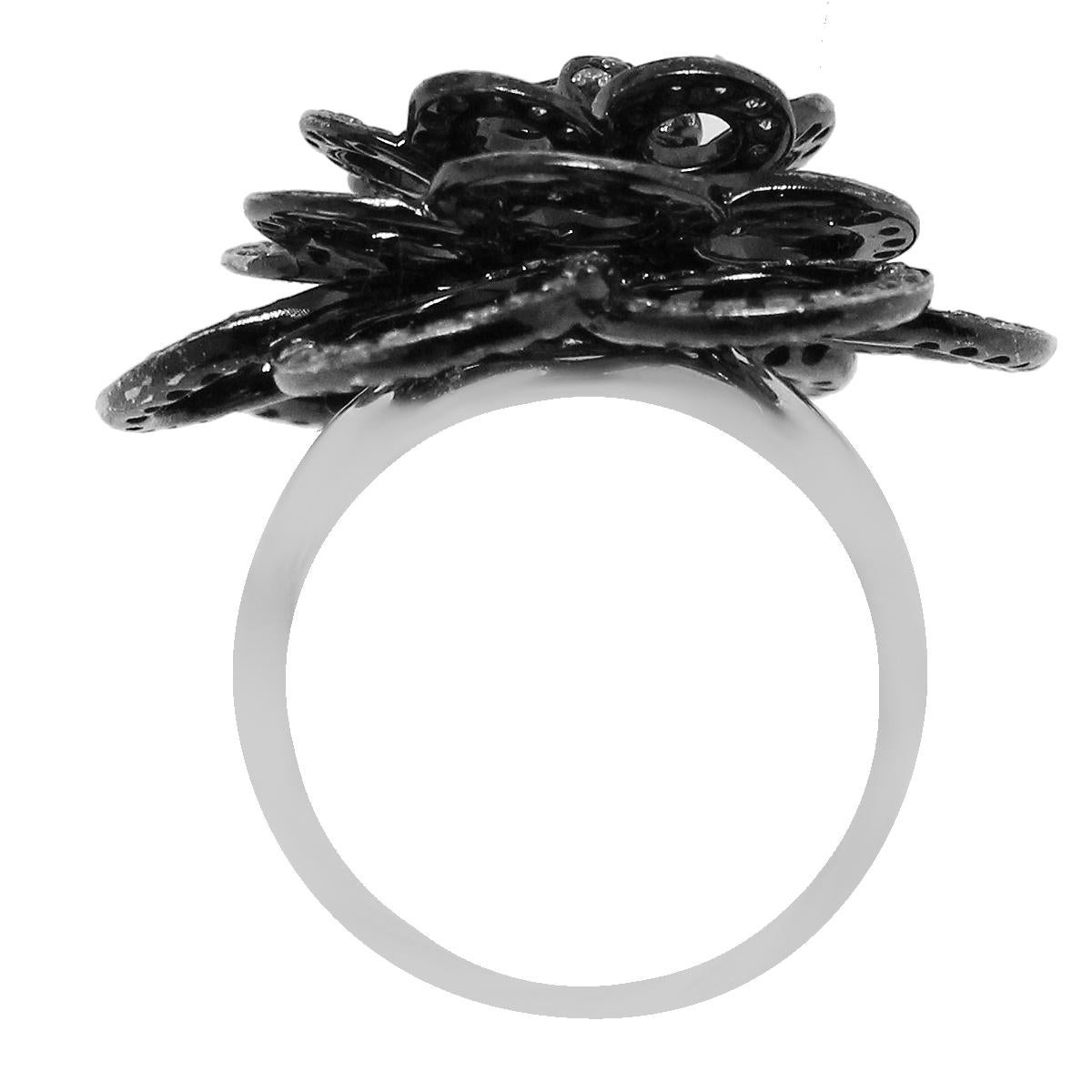 18k White Gold 2.70ctw Black Diamond Rose Ring
Material: 18k White Gold
Diamond Details: Approximately 2.70ctw black round diamonds. Diamonds are H/I in color and SI1 in clarity.
Ring Size: 6.75 (can be sized)
Total Weight: 10.3g