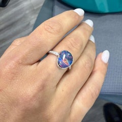 2.70 Carat Black Opal Freeform Shape Bezel Set 18K White Gold Ring