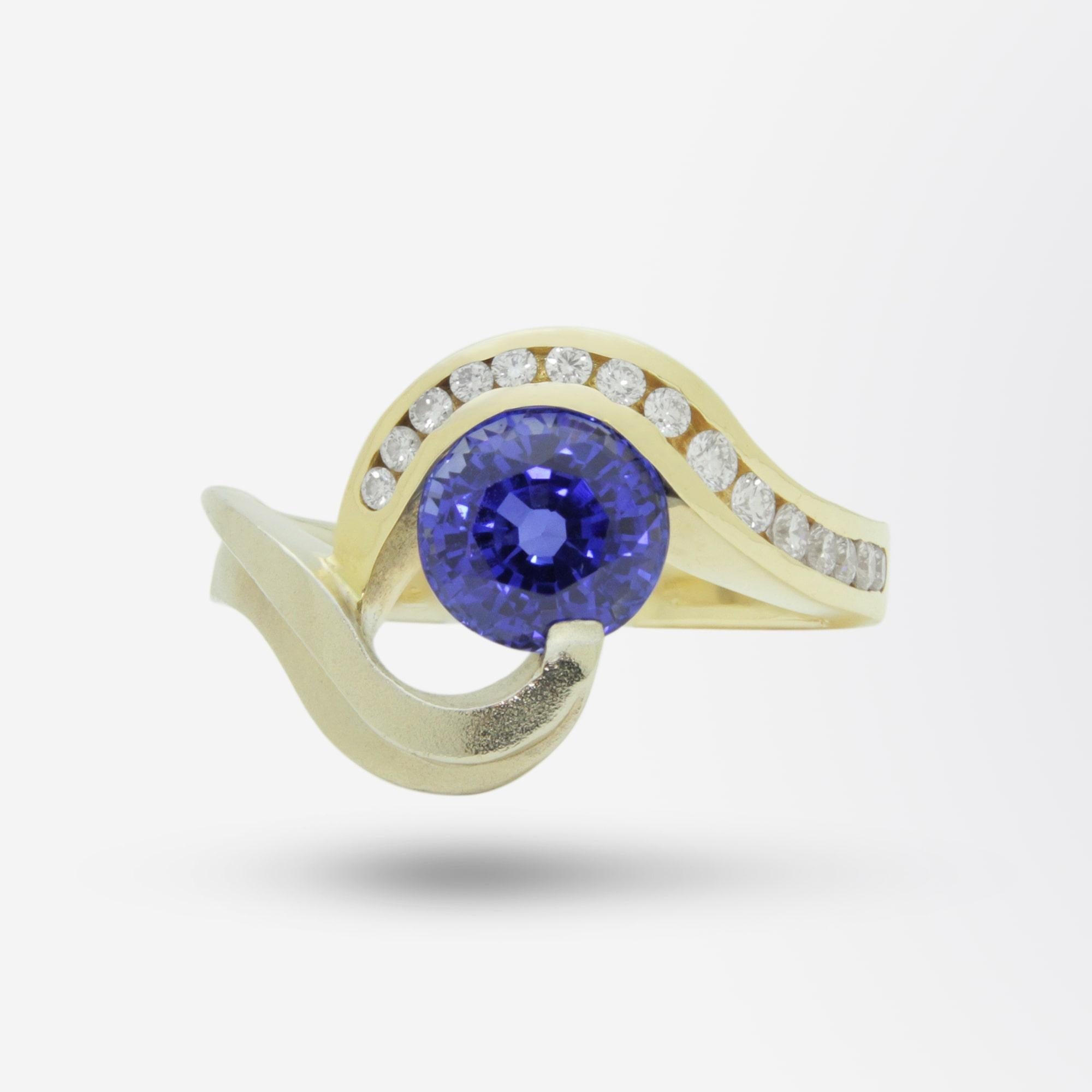 Modernist 2.70 Carat Blue Ceylon Sapphire & Diamond Ring For Sale