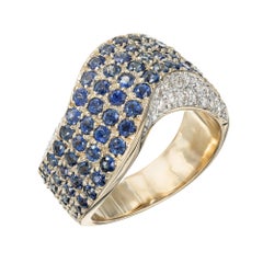 2.70 Carat Blue Sapphire Diamond Gold Domed Swirl Band Ring