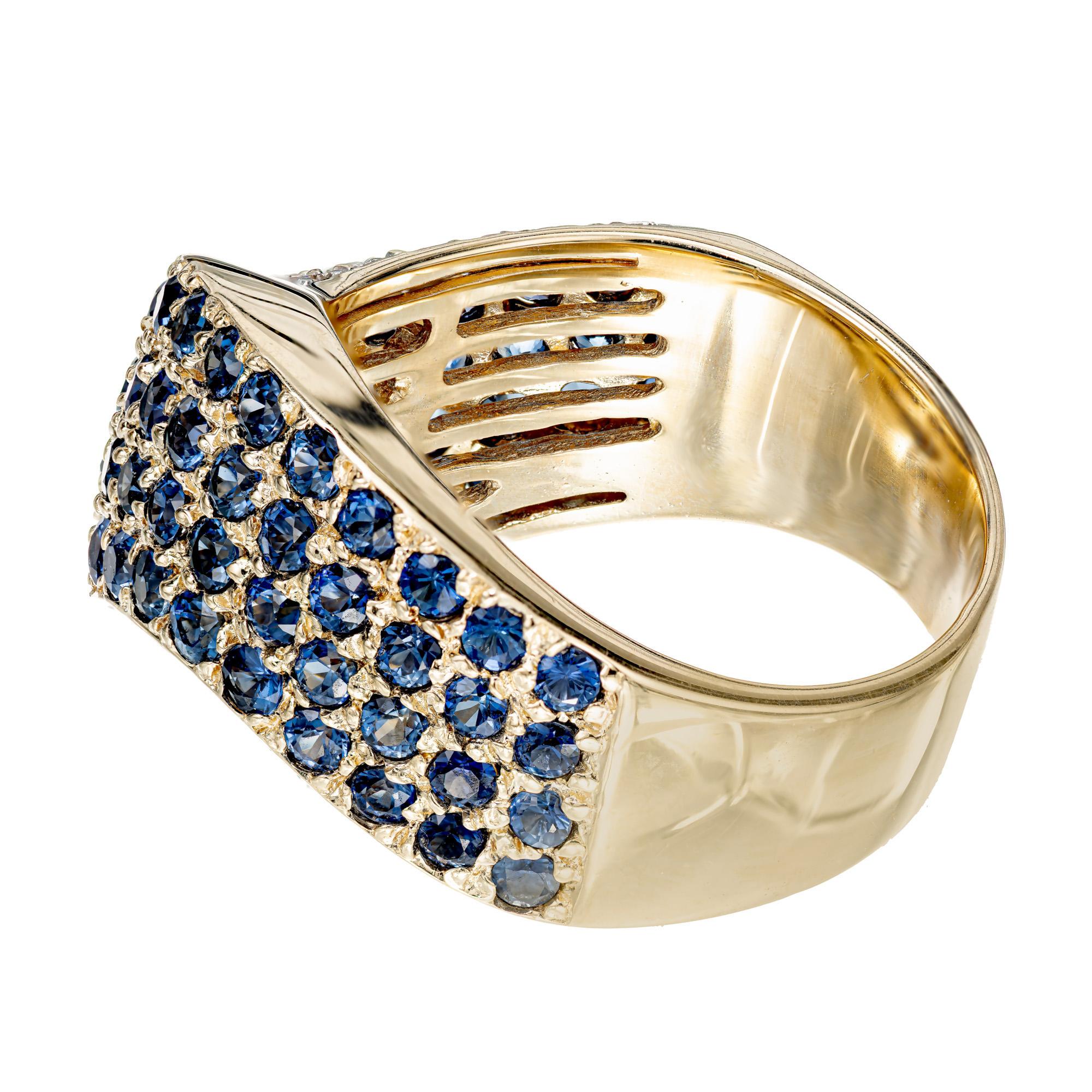 2.70 Carat Blue Sapphire Diamond Gold Domed Swirl Band Ring In Excellent Condition For Sale In Stamford, CT