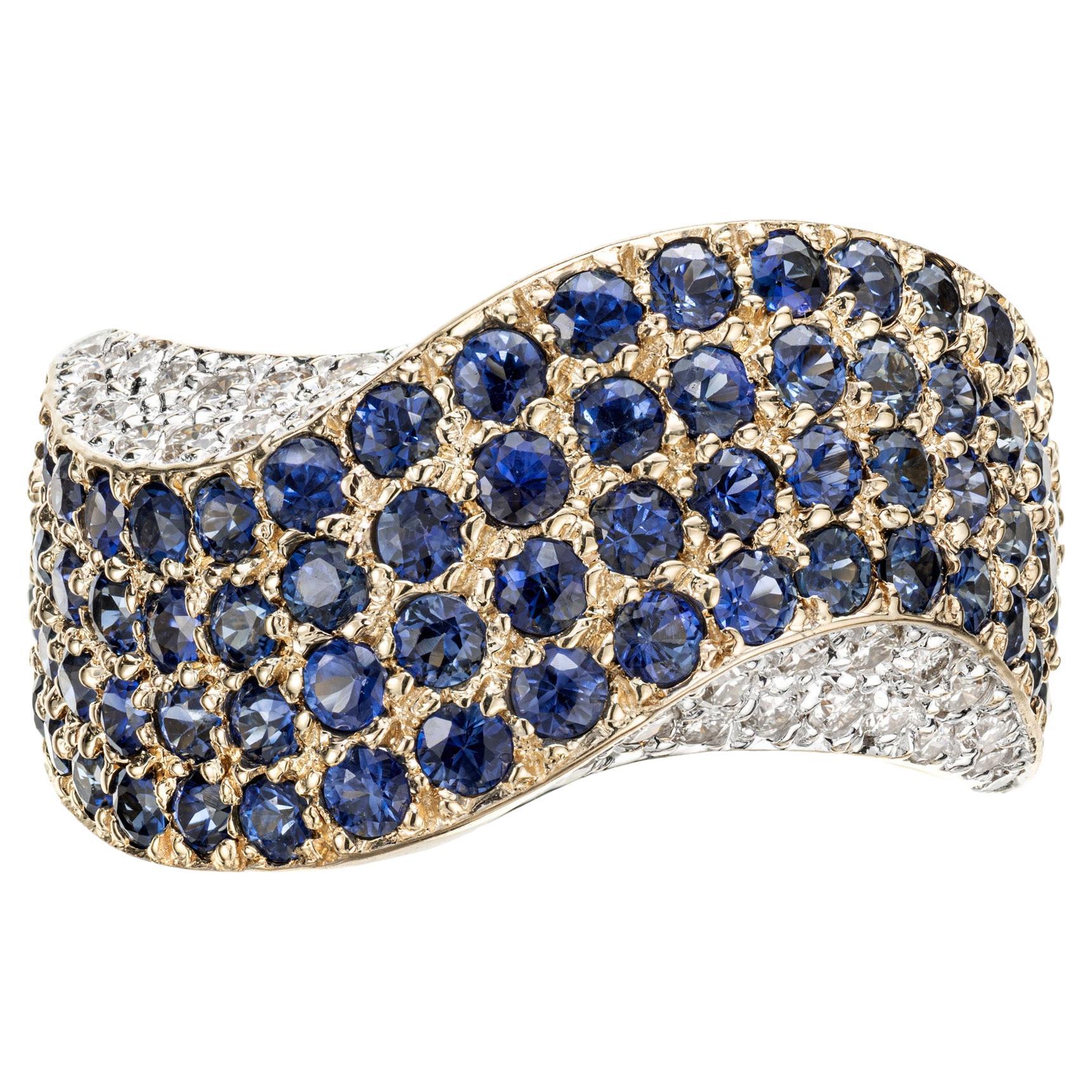 2.70 Carat Blue Sapphire Diamond Gold Domed Swirl Band Ring