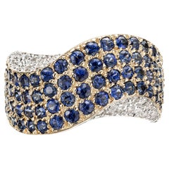 2.70 Carat Blue Sapphire Diamond Gold Domed Swirl Band Ring