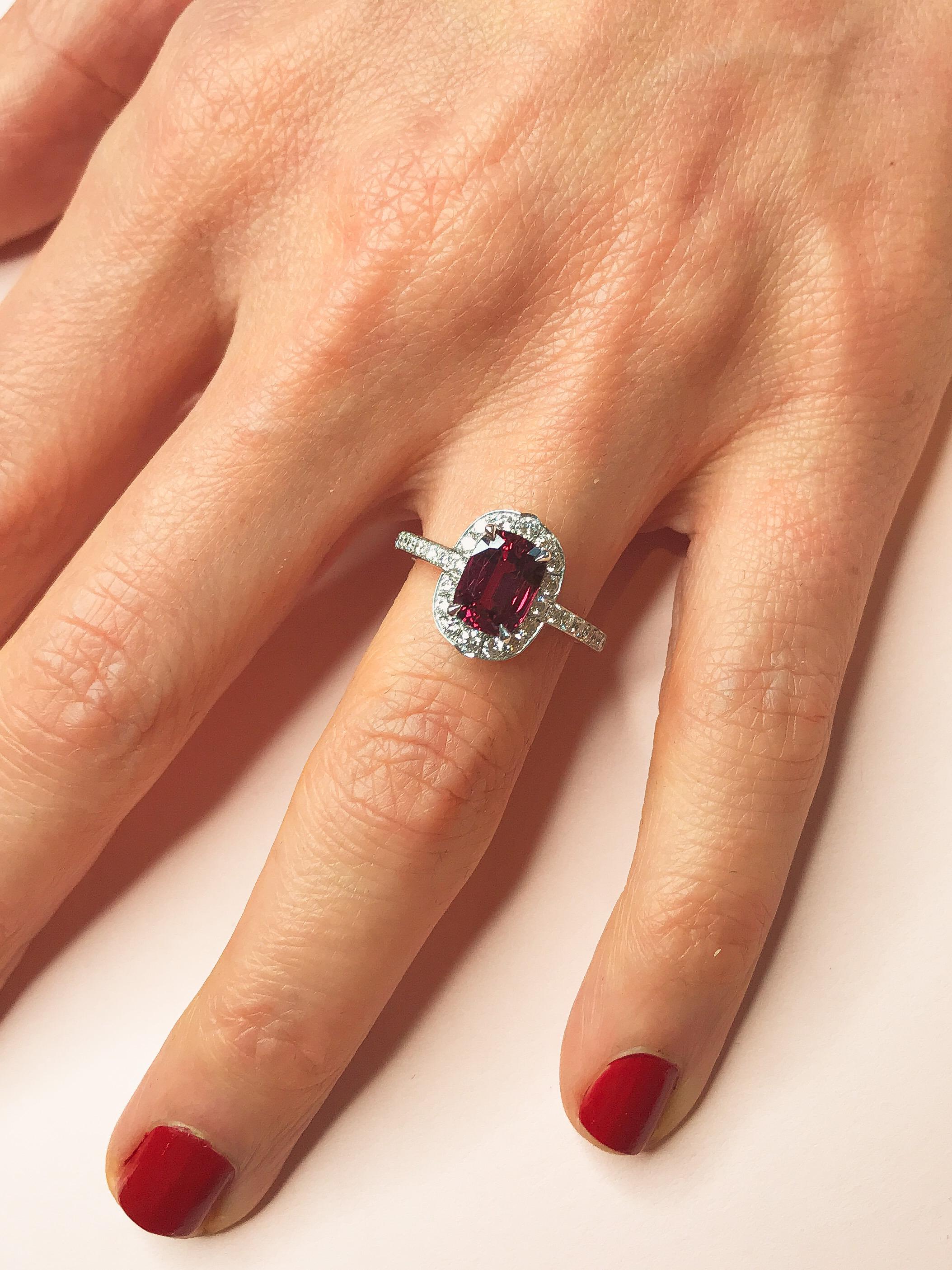Featuring an alluring red ruby at its centre, this ring manages to be both timeless and unexpected. Hand-picked from the Haruni vault, the centre stone weighs 2.70 carats and is a vivid red colour, enhanced by the classic white diamond halo