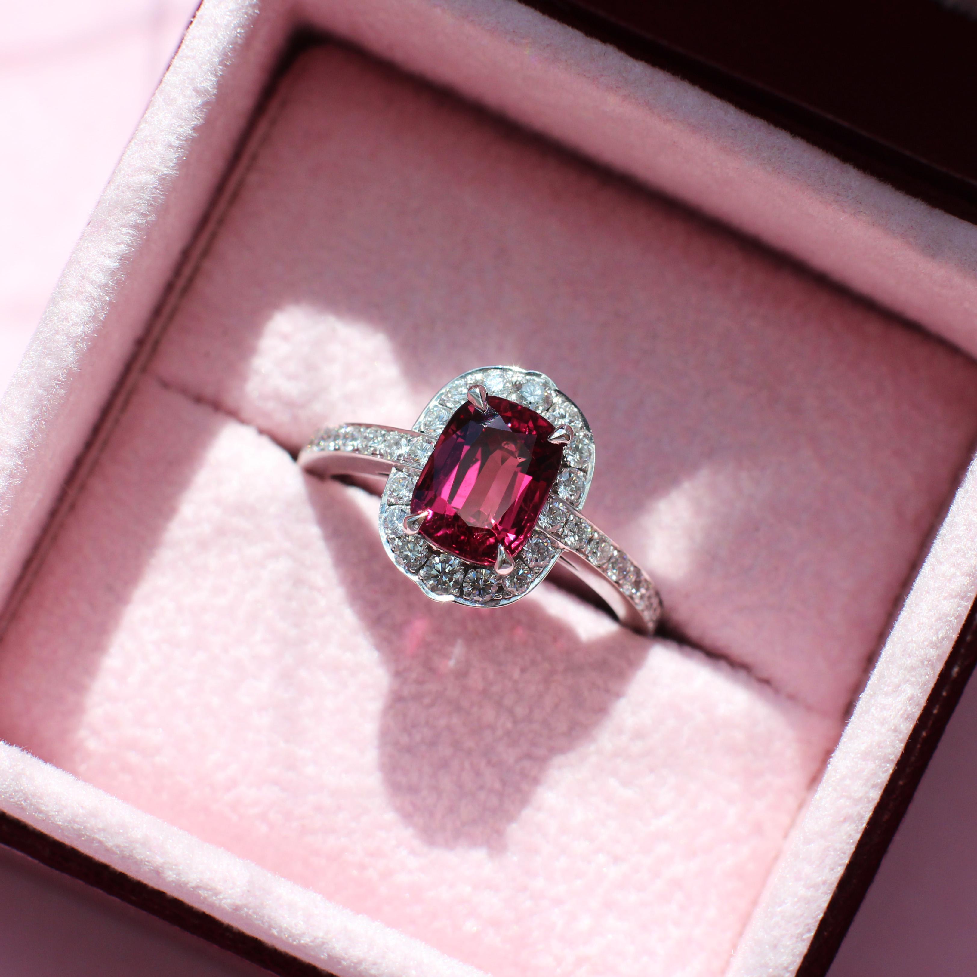 2.70 Carats Deep Red Ruby and White Diamond Halo Ring For Sale 2