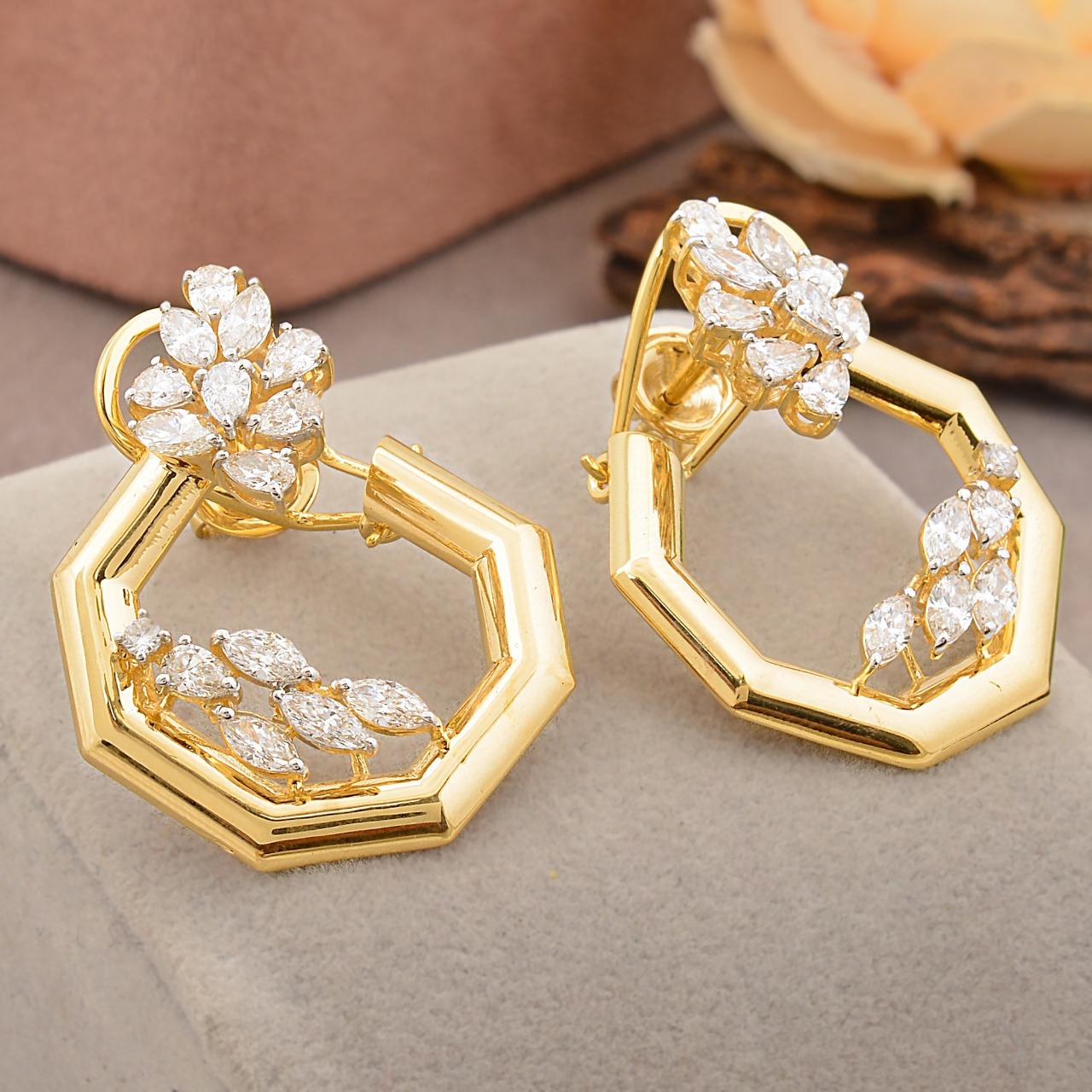 Marquise Cut 2.70 Carat Diamond 14 Karat Yellow Gold Hexagon Earrings For Sale