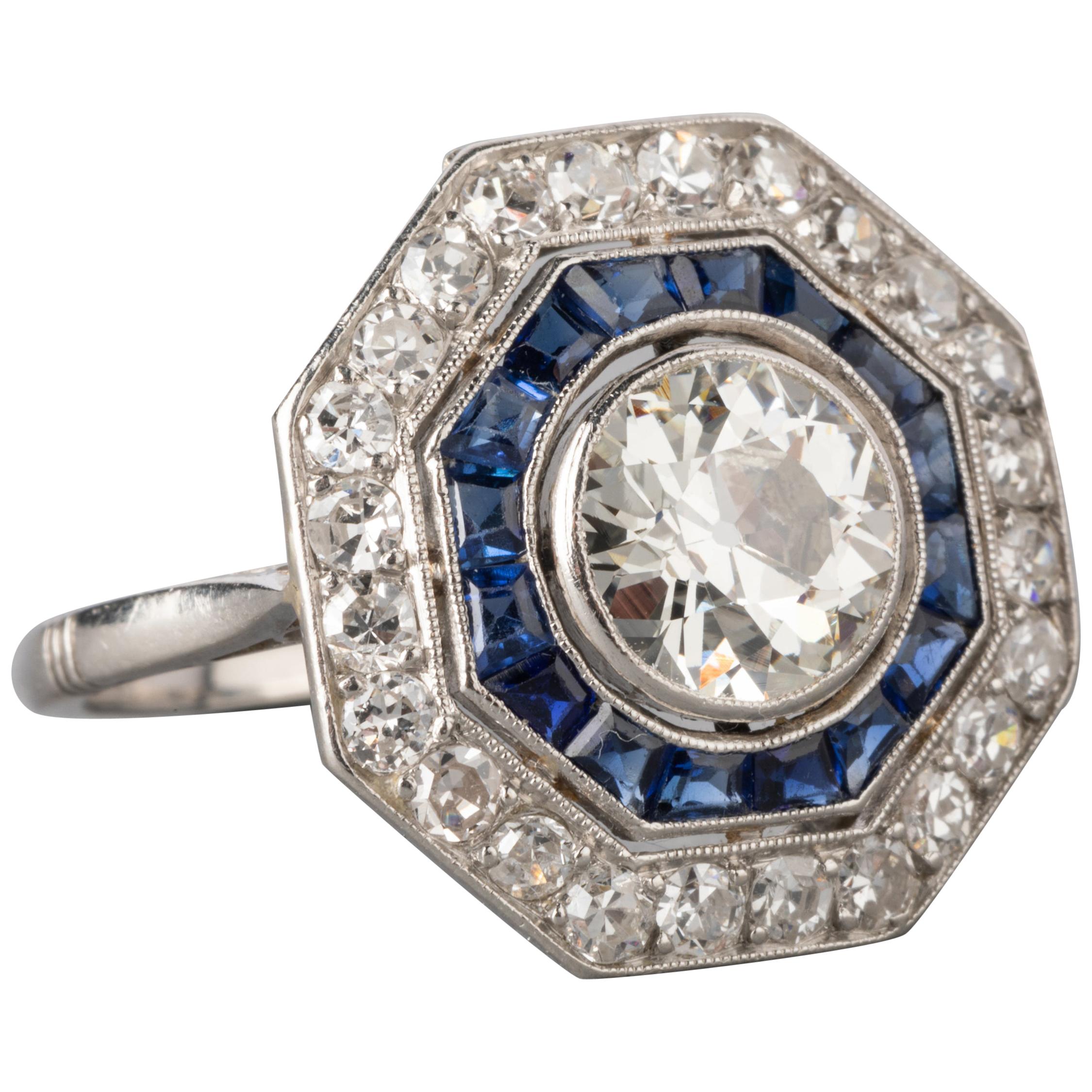 2.70 Carat Diamonds and Sapphires French Art Deco Ring