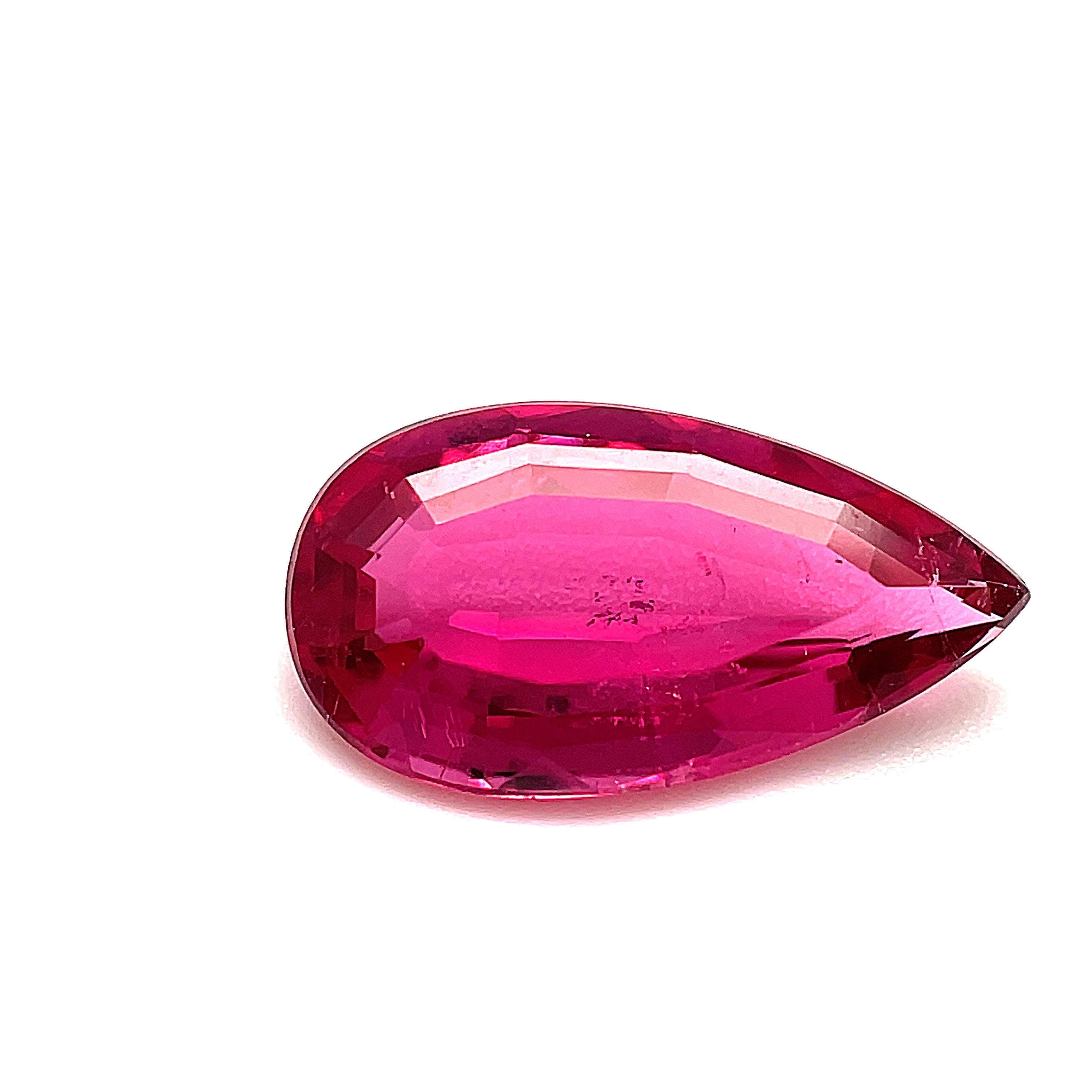 This vibrant pink rubellite tourmaline pear would be beautiful set as a sleek, ultra-sophisticated pendant or modern ring! Weighing 2.70 carats, it has a gorgeous elongated shape and striking fuchsia color. We offer complimentary design