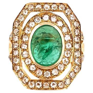 Viktorianisch inspirierter 2,70ct Cabochon Smaragd & Diamanten im Rosenschliff 18K Gold Ring