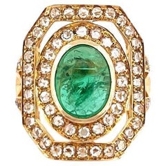 Antique Victorian Era inspired 2.70ct Cabochon Emerald & Rose-cut Diamonds 18K Gold Ring