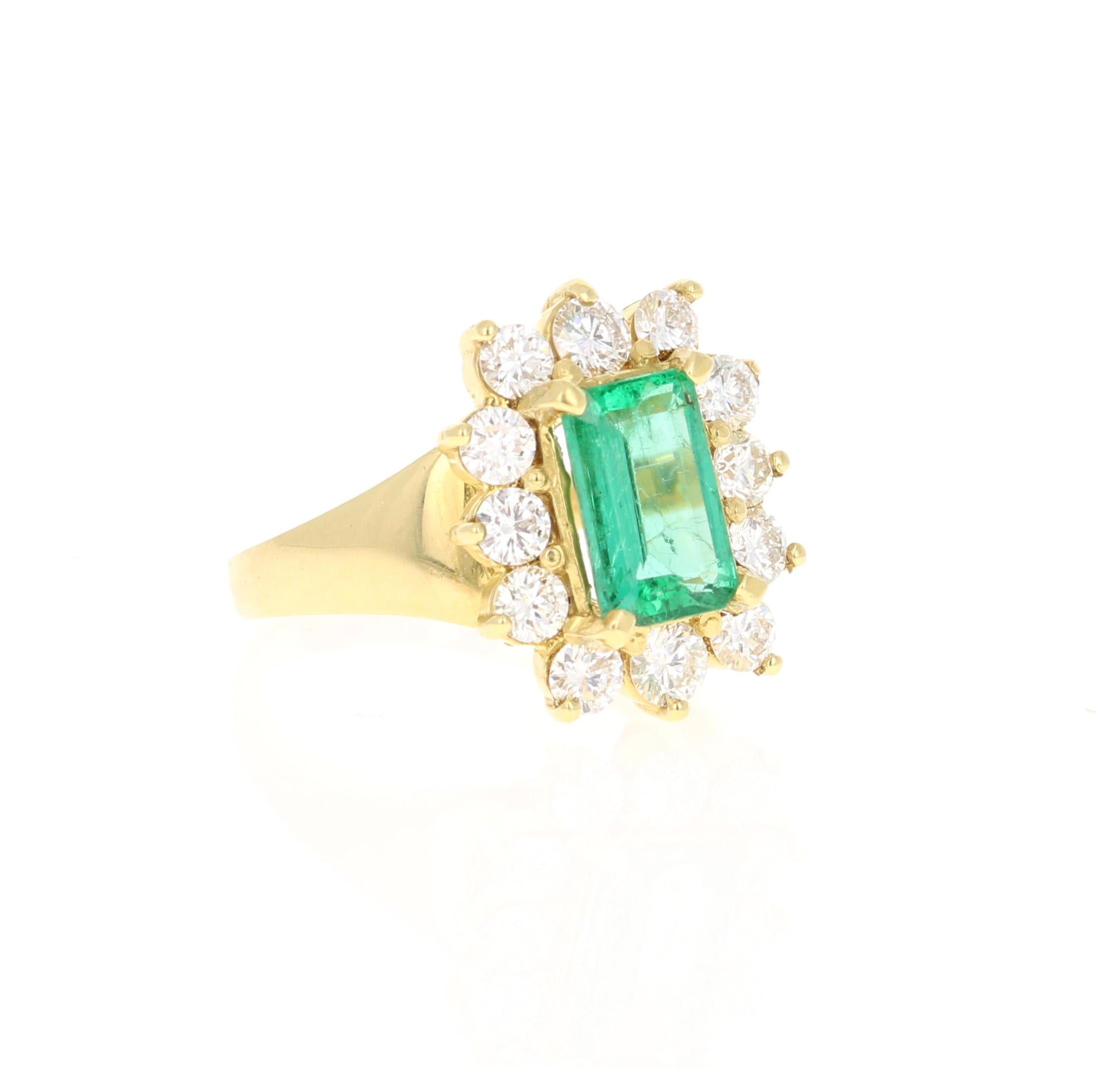 This ring has a 1.60 Carat Emerald Cut Emerald that is set in the center of the ring. The Emerald is surrounded by 12 Round Cut Diamonds that weigh 1.10 carats. (Clarity: SI, Color: F) The total carat weight of the ring is 2.70 carats.
The ring is