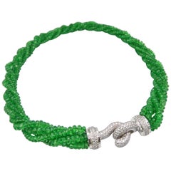 270 Carat Faceted Emerald Bead Necklace with 18K Gold Diamond Front Clasp