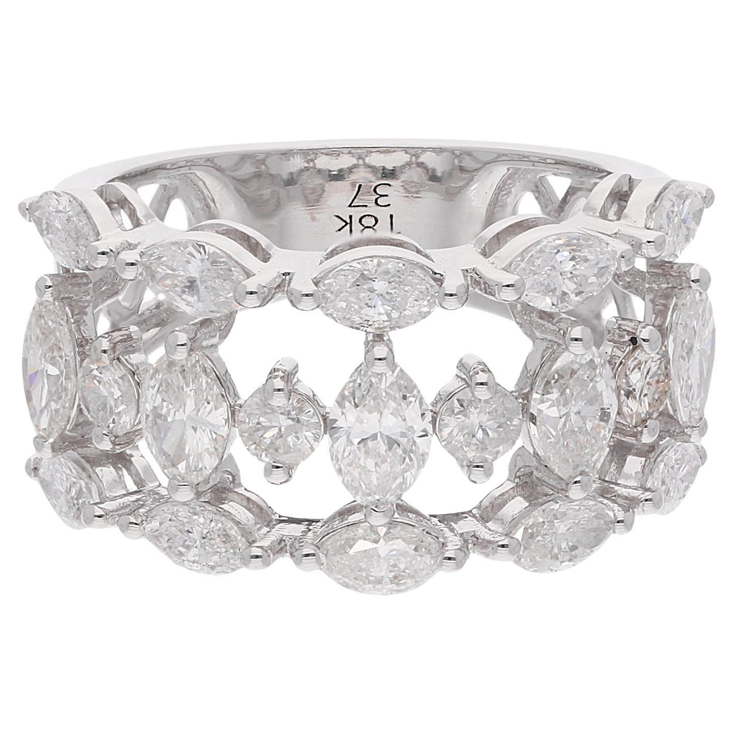 Bague faite main en or blanc 14 carats avec diamants marquises et ronds de 2,70 carats