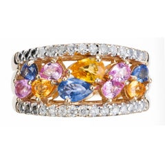 2.70 Carat Multi Color Pear Sapphire Diamond Gold Band Ring
