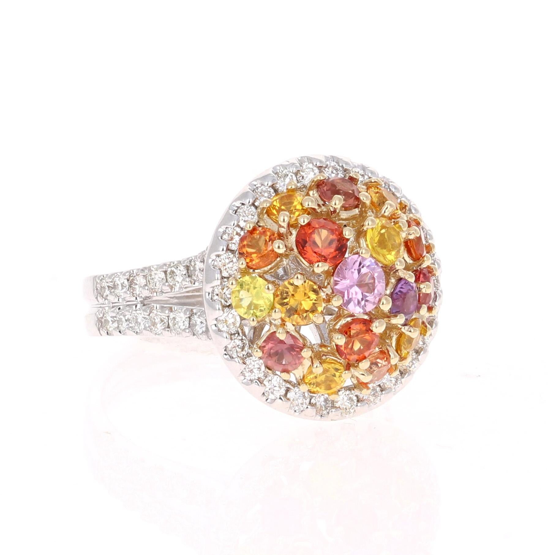 Super gorgeous and uniquely designed 2.70 Carat Multi-Colored Sapphire and Diamond 14K White Gold Cocktail Ring!

This ring has a cluster of 17 Round Cut Multi-Colored Sapphires that weigh 1.87 carats and 54 Round Cut Diamonds that weigh 0.83 carats