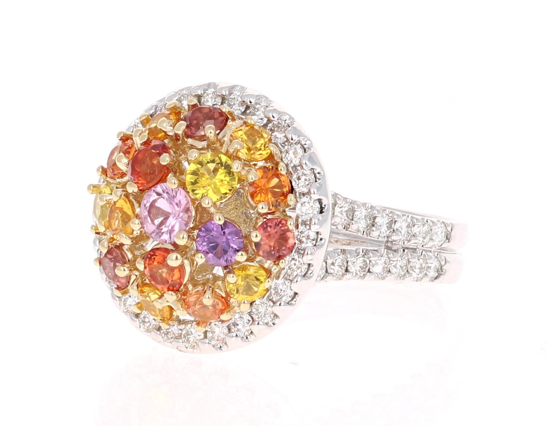 Modern 2.70 Carat Multicolored Sapphire Diamond 14 Karat White Gold Cocktail Ring