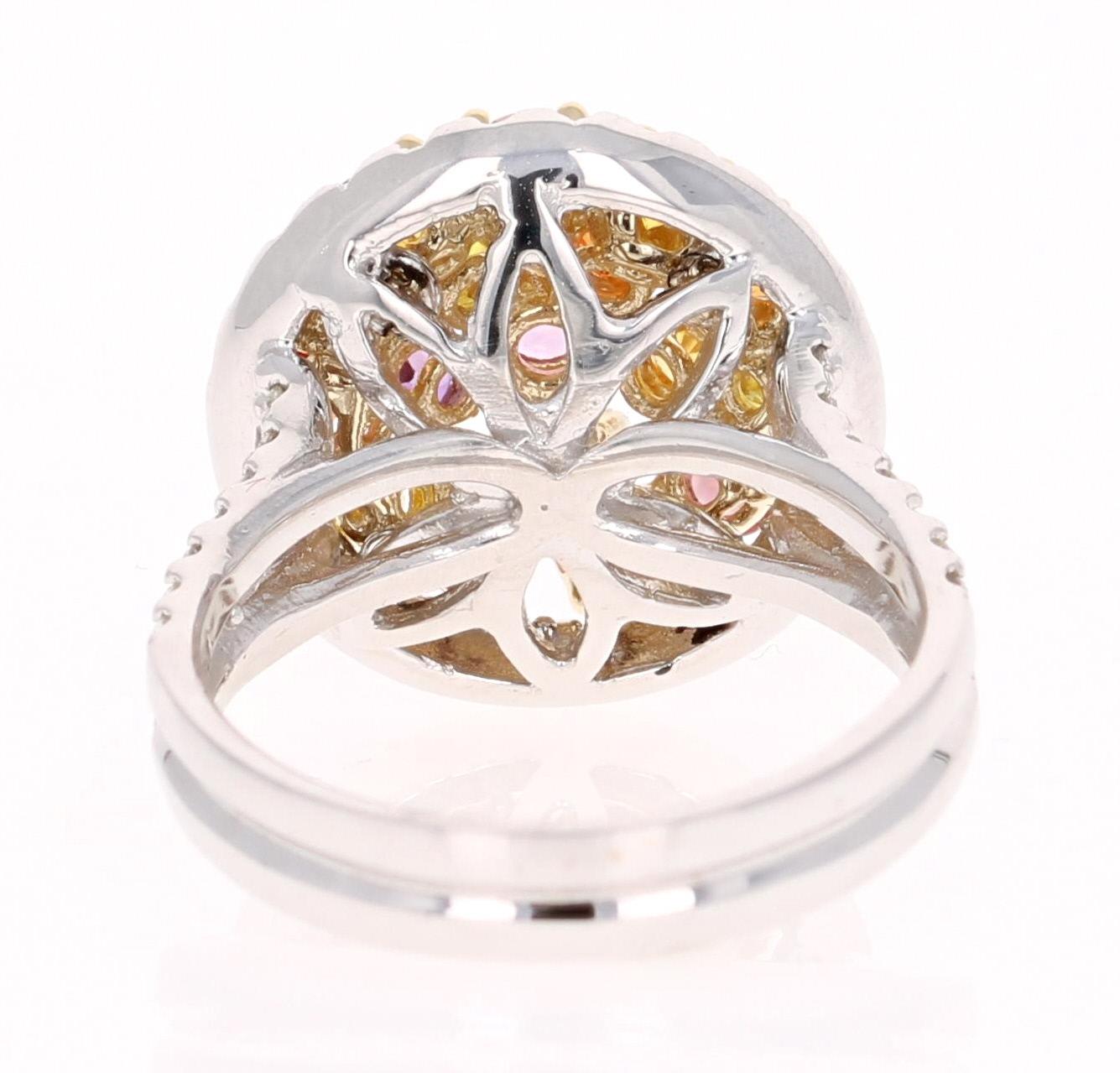 Round Cut 2.70 Carat Multicolored Sapphire Diamond 14 Karat White Gold Cocktail Ring