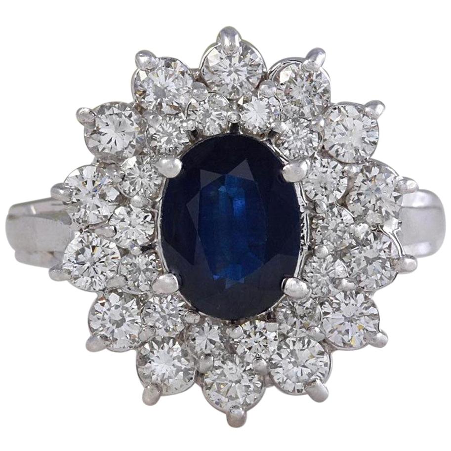 2.70 Carat Natural Blue Sapphire and Diamond 14 Karat Solid White Gold Ring For Sale