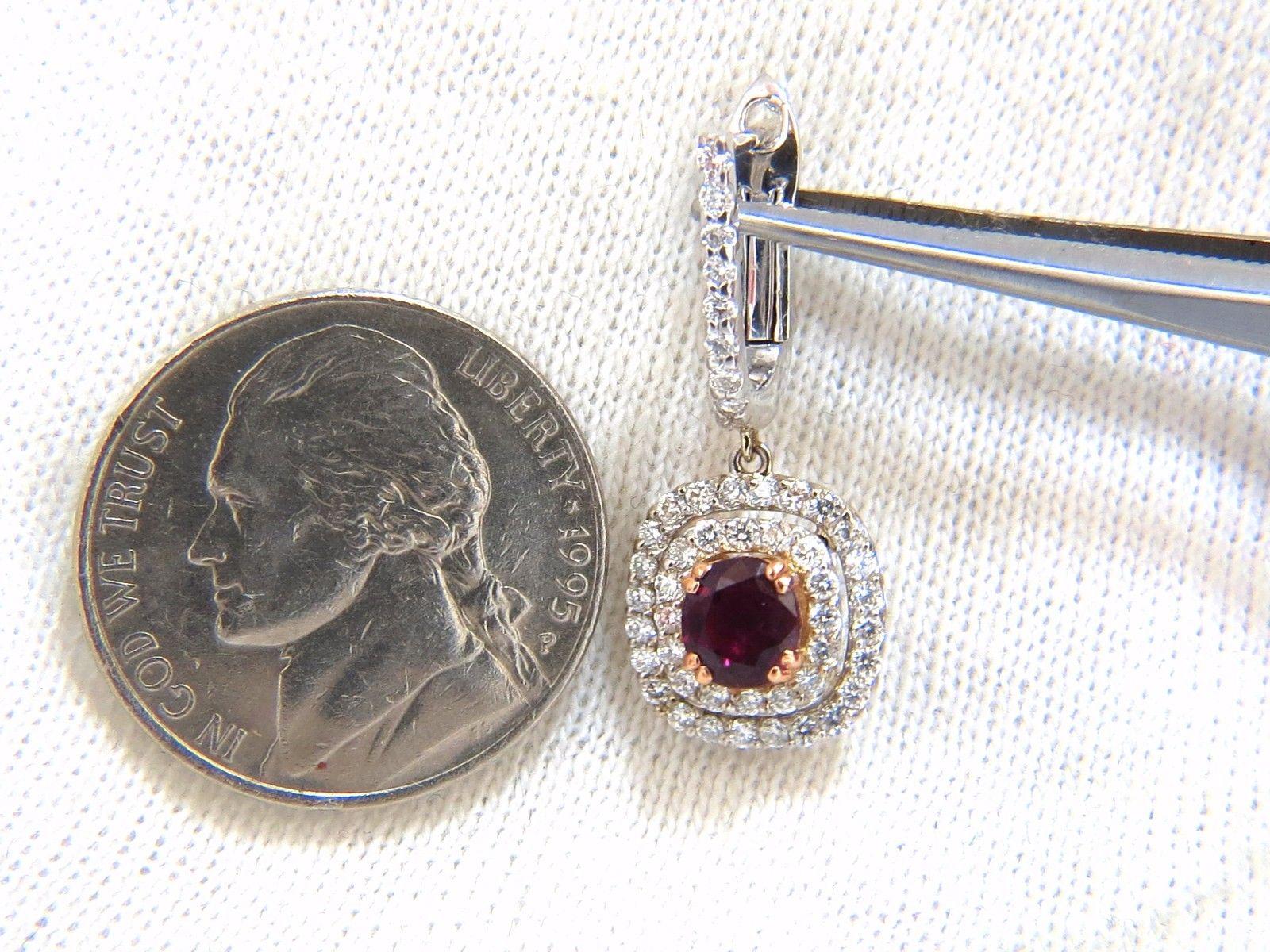 2.70 Carat Natural Deep Red Ruby Diamond Double Halo Dangle Earrings 14 Karat In New Condition For Sale In New York, NY