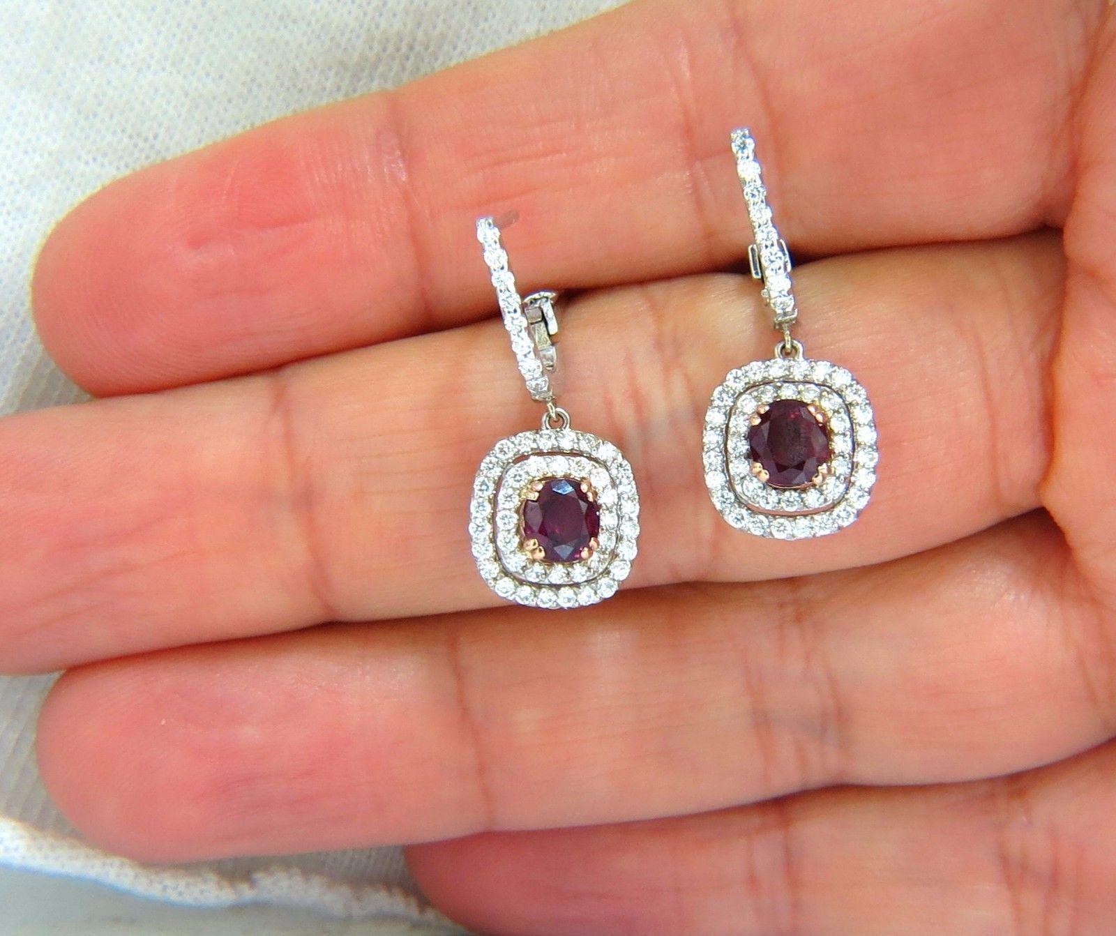 Women's or Men's 2.70 Carat Natural Deep Red Ruby Diamond Double Halo Dangle Earrings 14 Karat For Sale