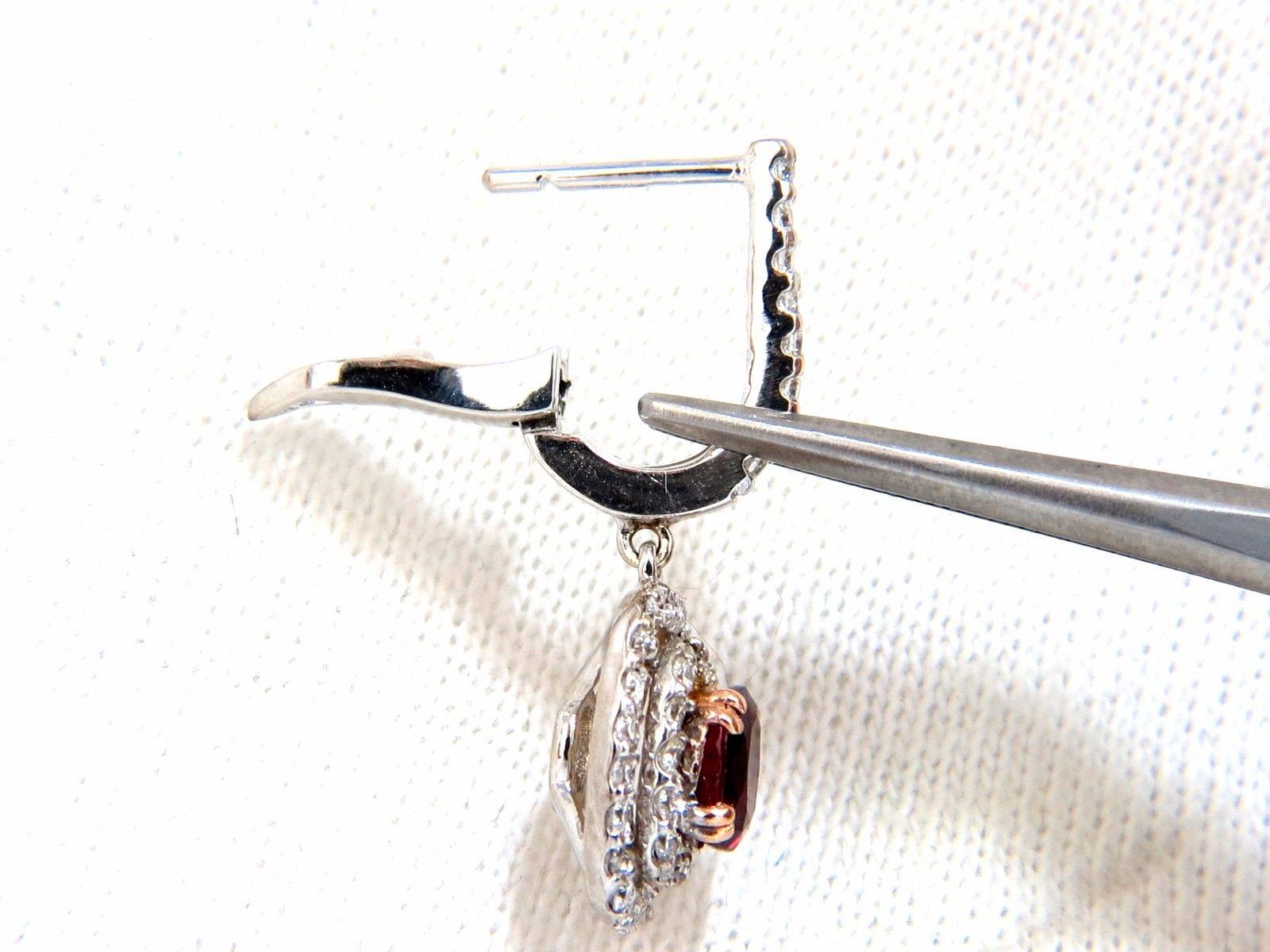 2.70 Carat Natural Deep Red Ruby Diamond Double Halo Dangle Earrings 14 Karat For Sale 1