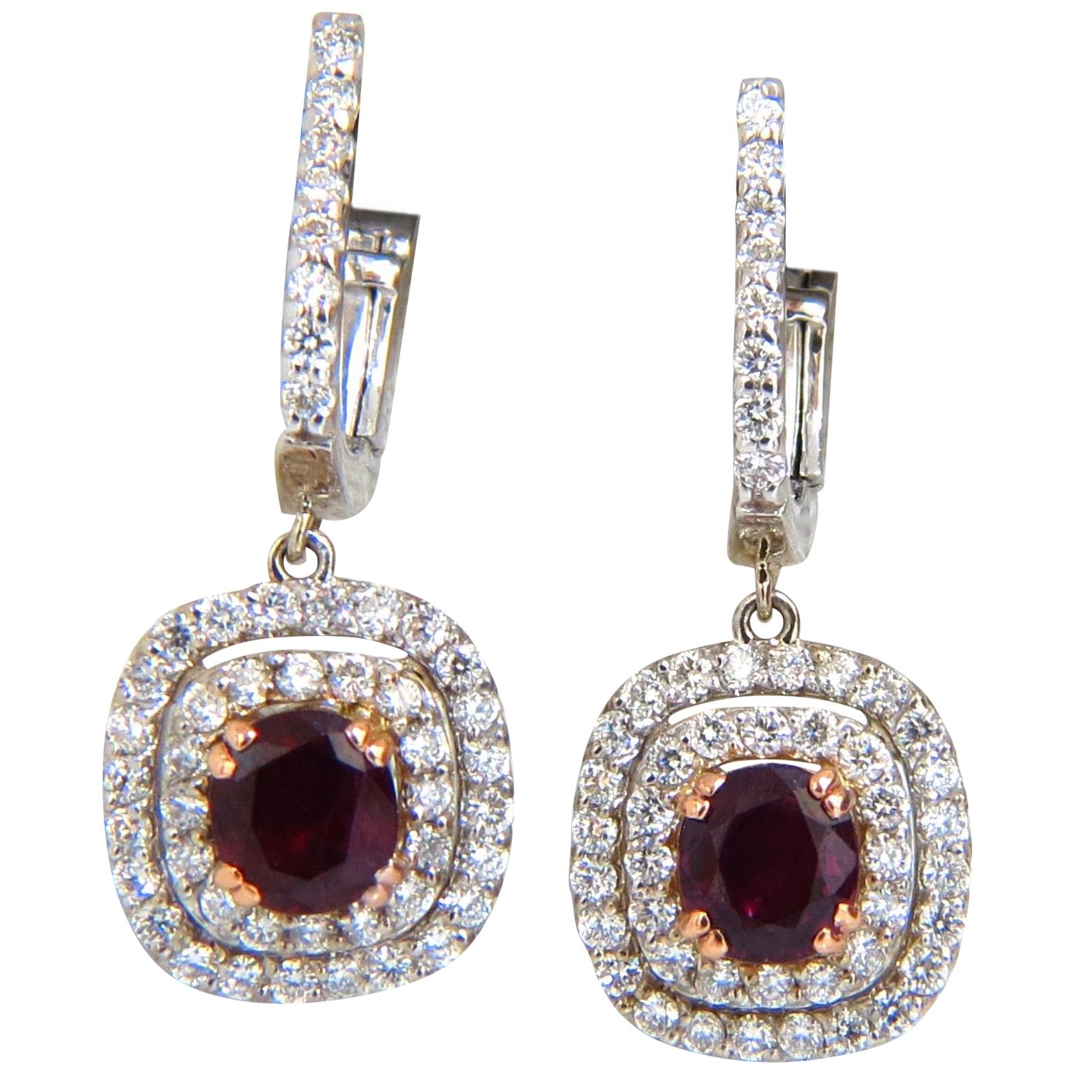 2.70 Carat Natural Deep Red Ruby Diamond Double Halo Dangle Earrings 14 Karat For Sale