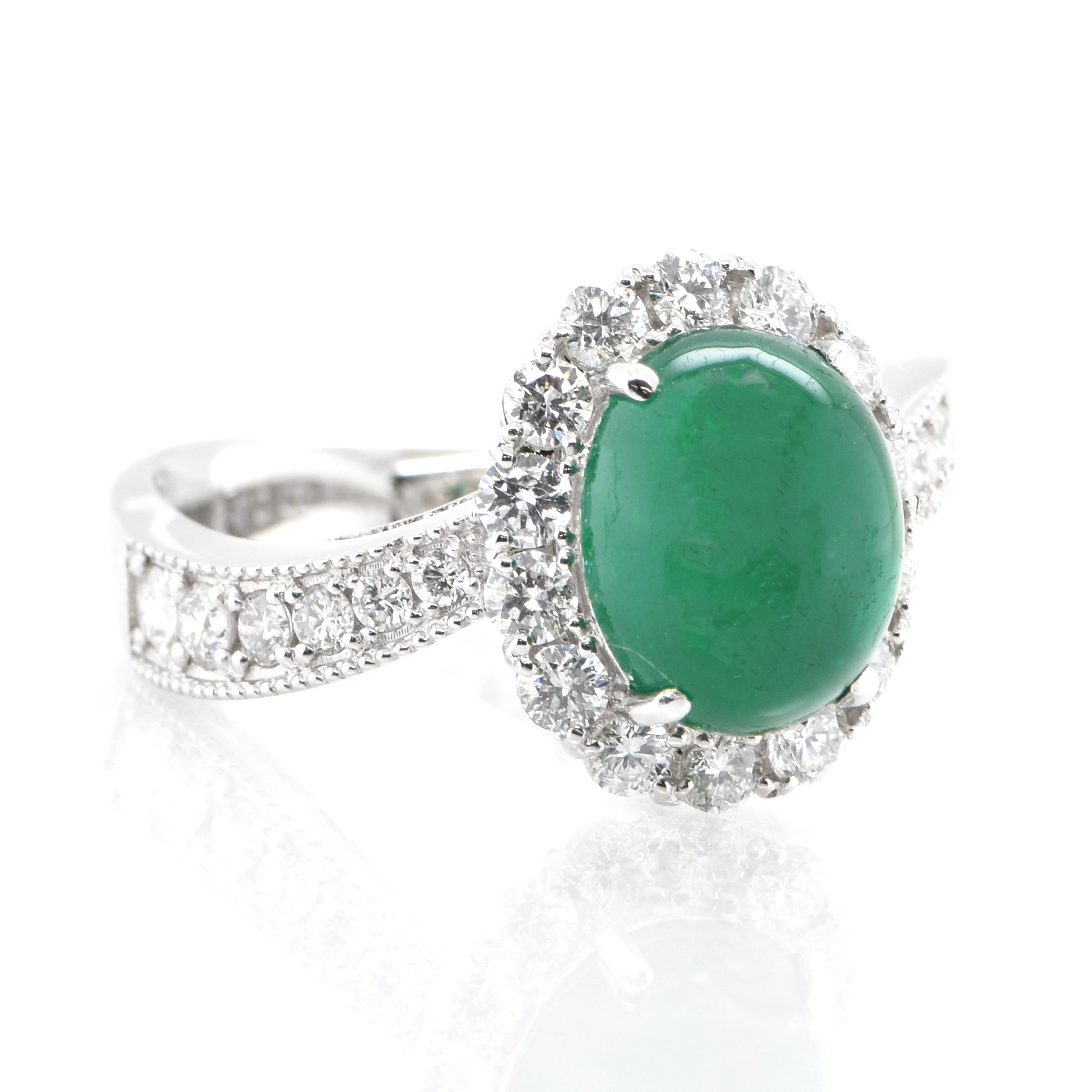 Modern 2.70 Carat Natural Emerald Cabochon and Diamond Ring Set in Platinum For Sale