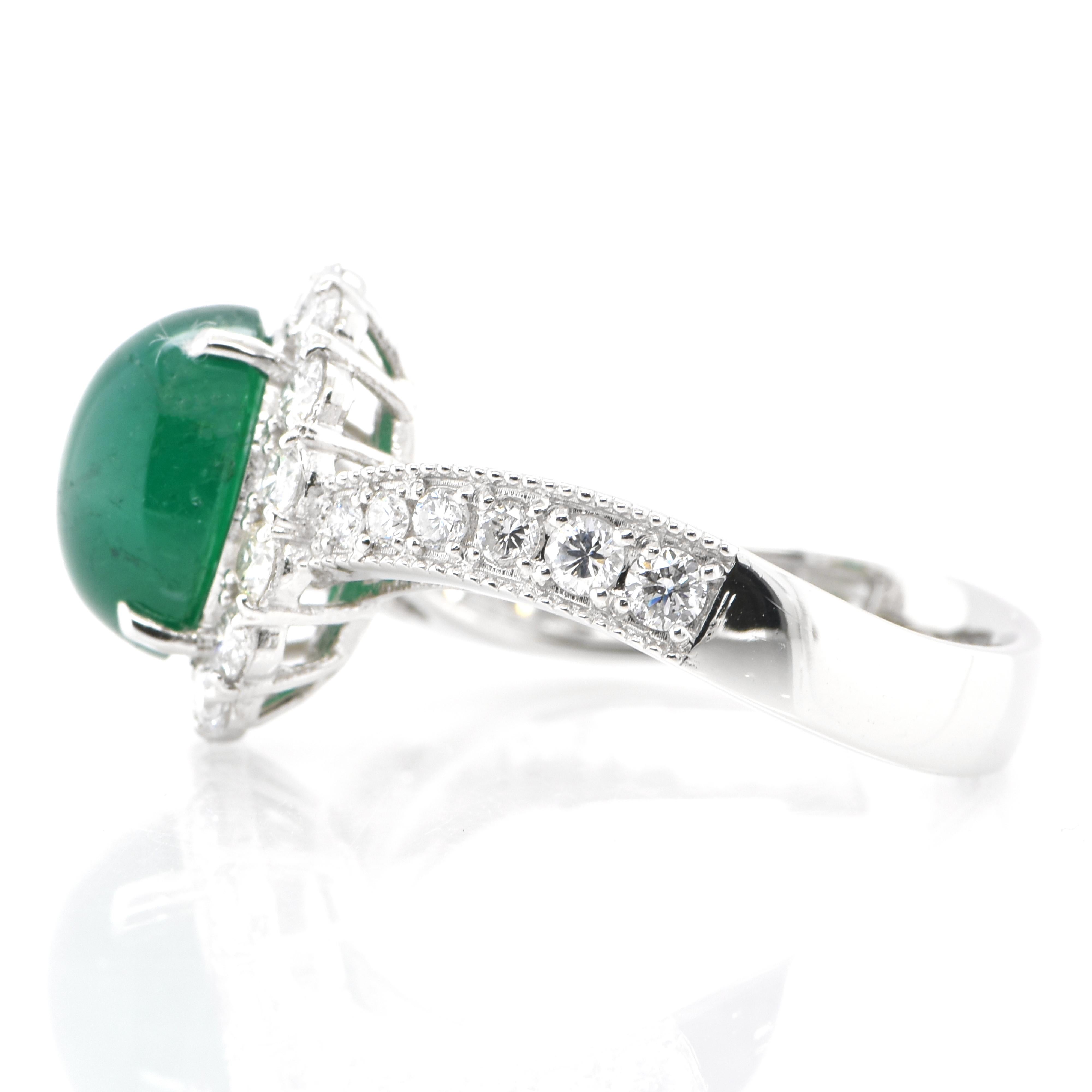 Emerald Cut 2.70 Carat Natural Emerald Cabochon and Diamond Ring Set in Platinum For Sale