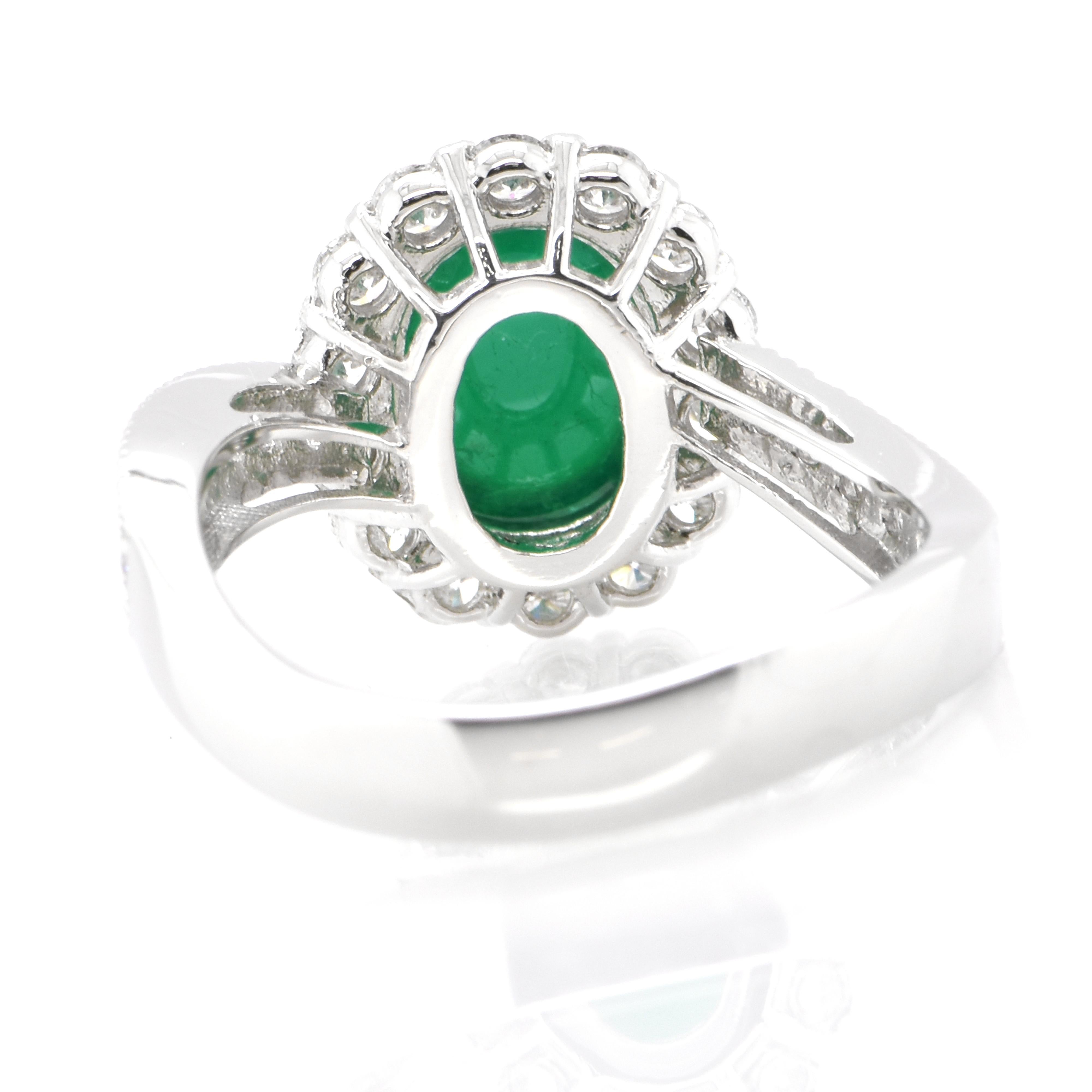 Women's 2.70 Carat Natural Emerald Cabochon and Diamond Ring Set in Platinum For Sale
