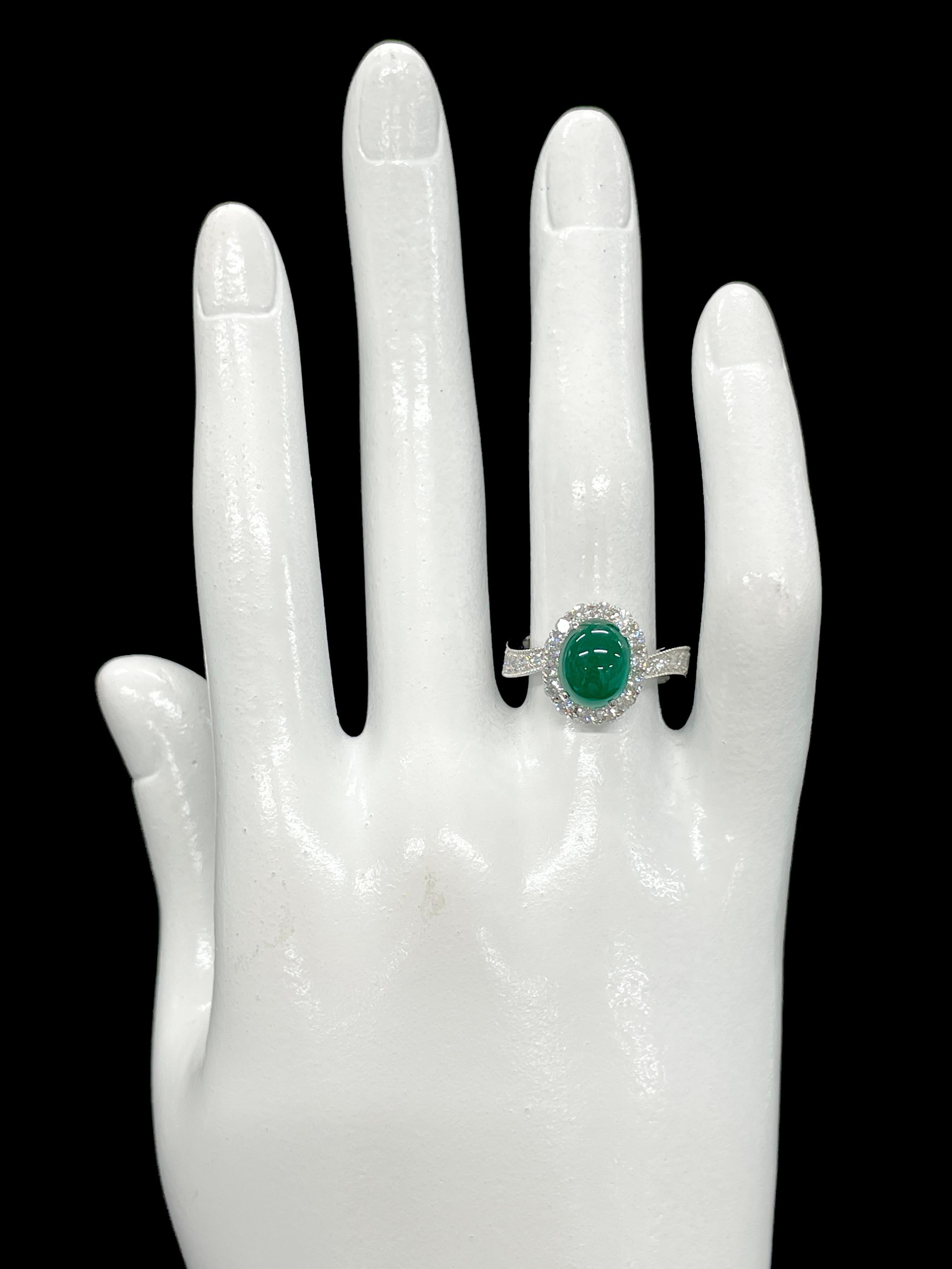 2.70 Carat Natural Emerald Cabochon and Diamond Ring Set in Platinum For Sale 1