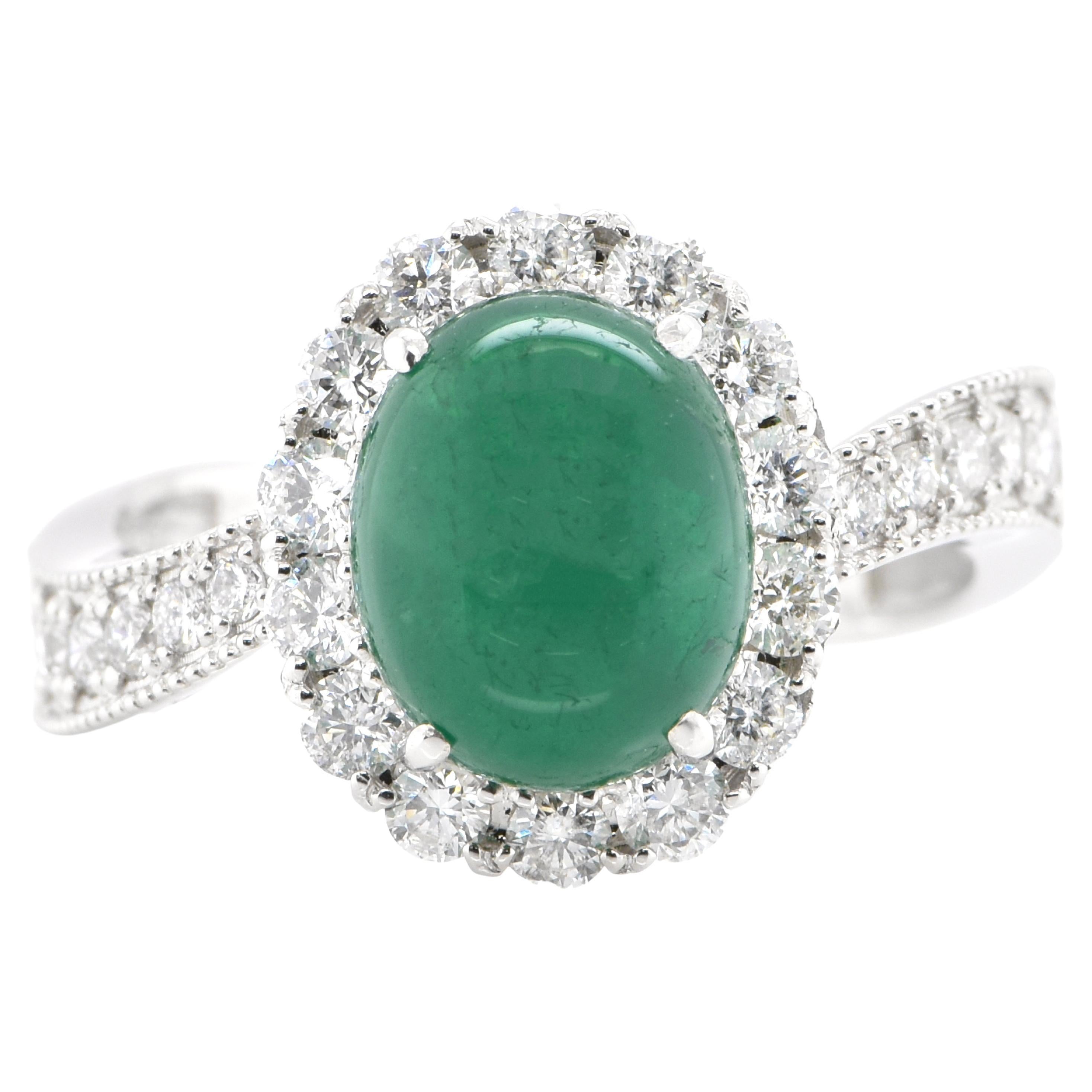 2.70 Carat Natural Emerald Cabochon and Diamond Ring Set in Platinum For Sale