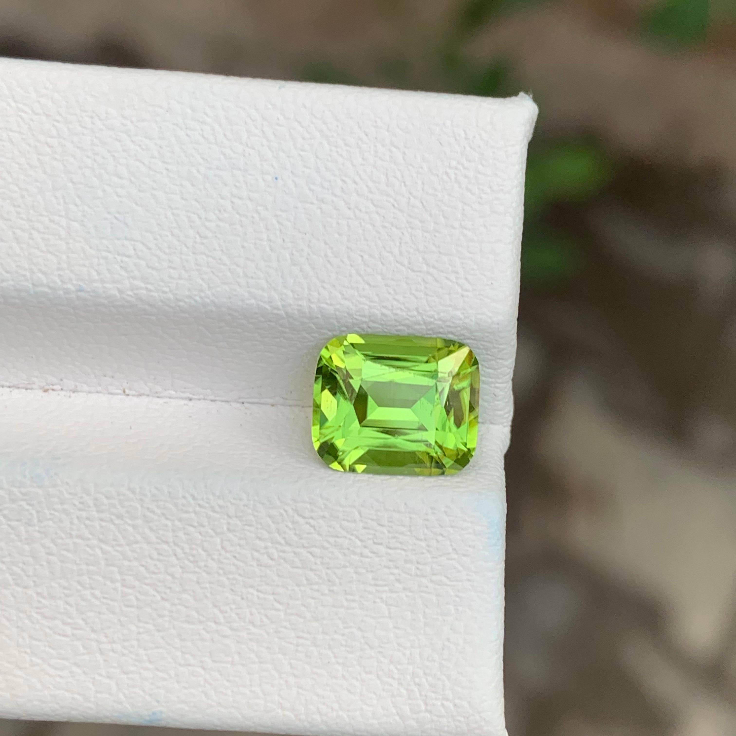Loose Peridot 

Weight: 2.70 Carats
Dimension: 8.3 x 7.3 x 5.2 Mm
Origin: Pakistan
Shape: Cushion 
Color: Green
Treatment: Non

Pakistan peridot is a stunning variety of the green gemstone peridot, known for its remarkable clarity and vibrant,