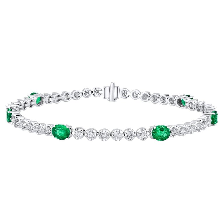 2.70 Carat Oval Cut Emerald and Diamond Tennis Bracelet in 14k White Gold For Sale