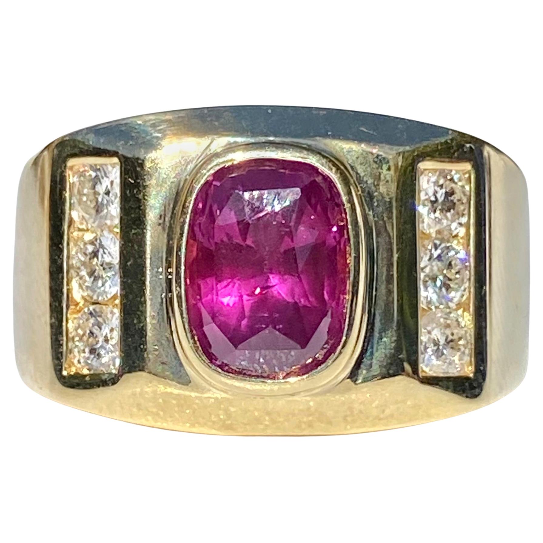 2.70 Carat Oval-Cut Purplish Red Ruby and Diamond 14 Karat Men's Ring For Sale