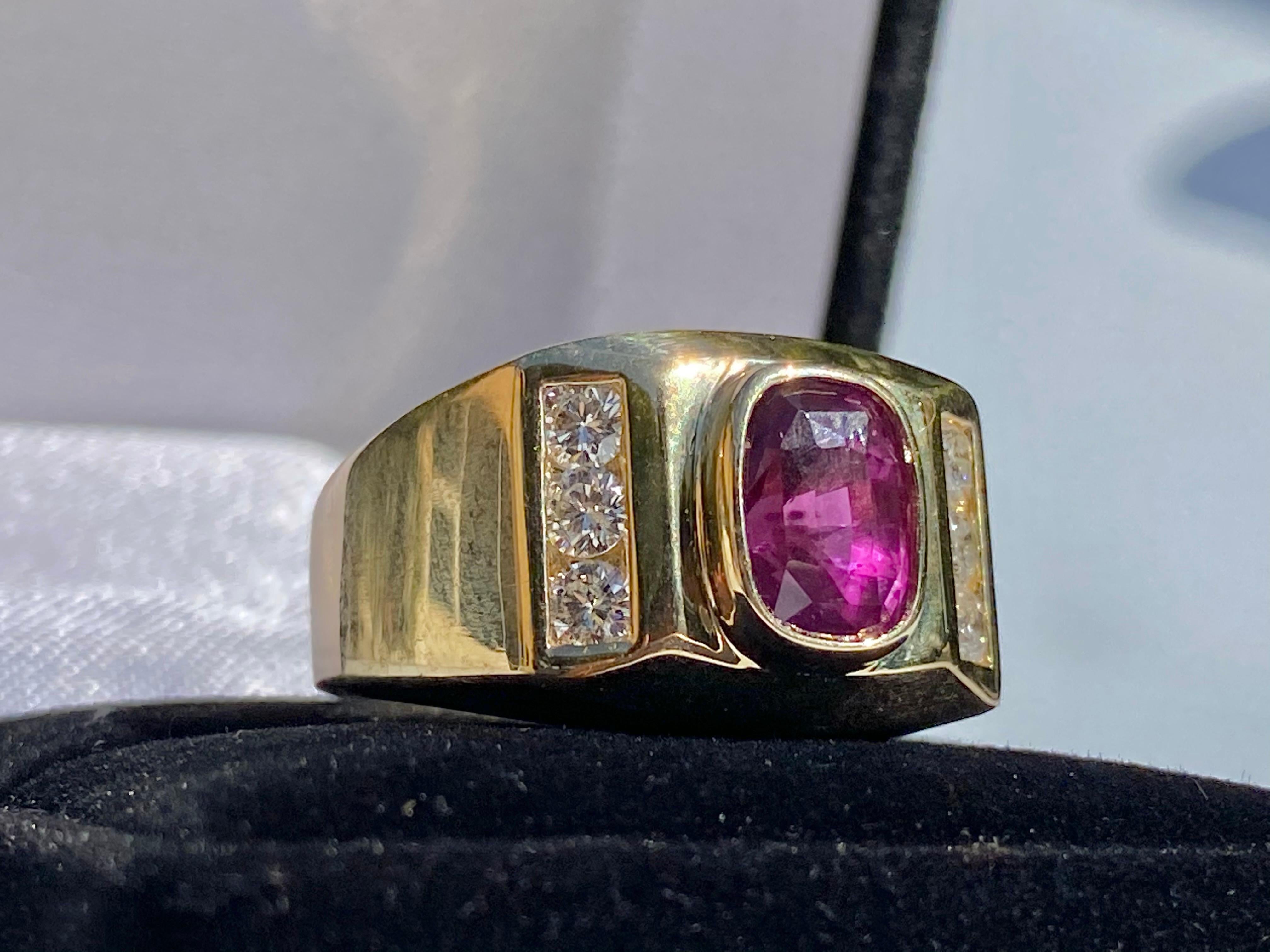 Oval Cut 2.70 Carat Oval-Cut Purplish Red Ruby and Diamond 14 Karat Men's Ring For Sale