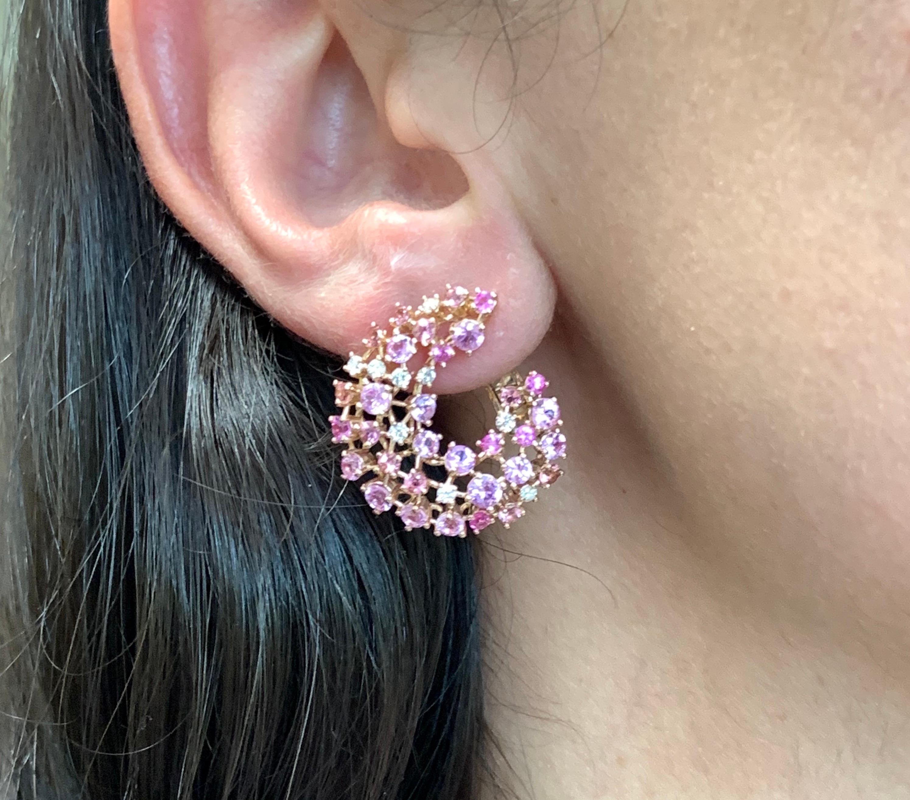 Contemporary 2.70 Carat Pink Sapphire Pink Tourmaline Diamond Drop Swirl Earrings 14K Gold