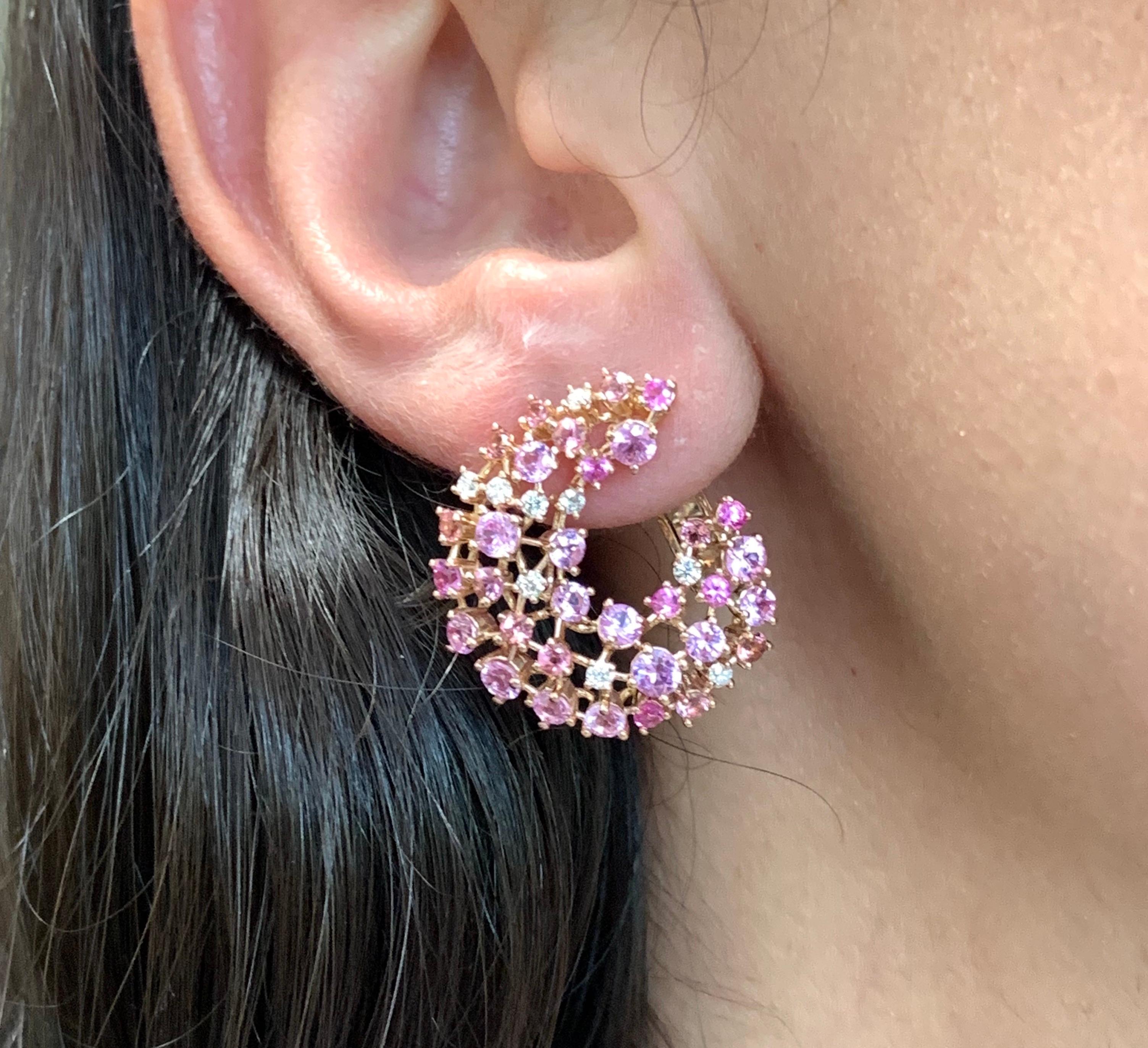 Round Cut 2.70 Carat Pink Sapphire Pink Tourmaline Diamond Drop Swirl Earrings 14K Gold