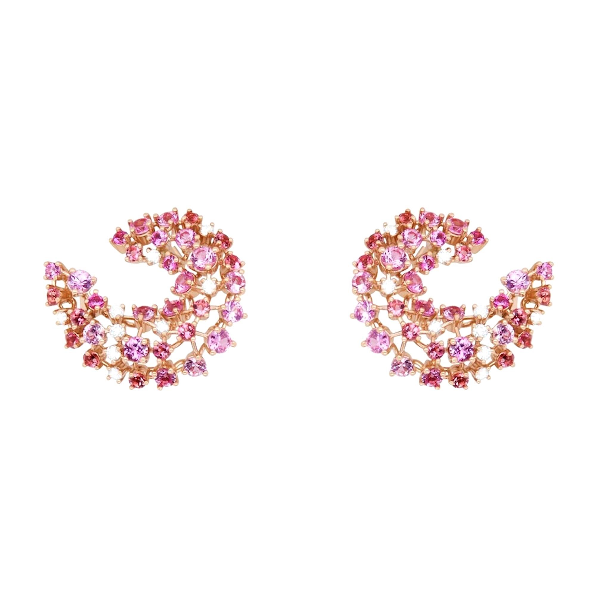2.70 Carat Pink Sapphire Pink Tourmaline Diamond Drop Swirl Earrings 14K Gold