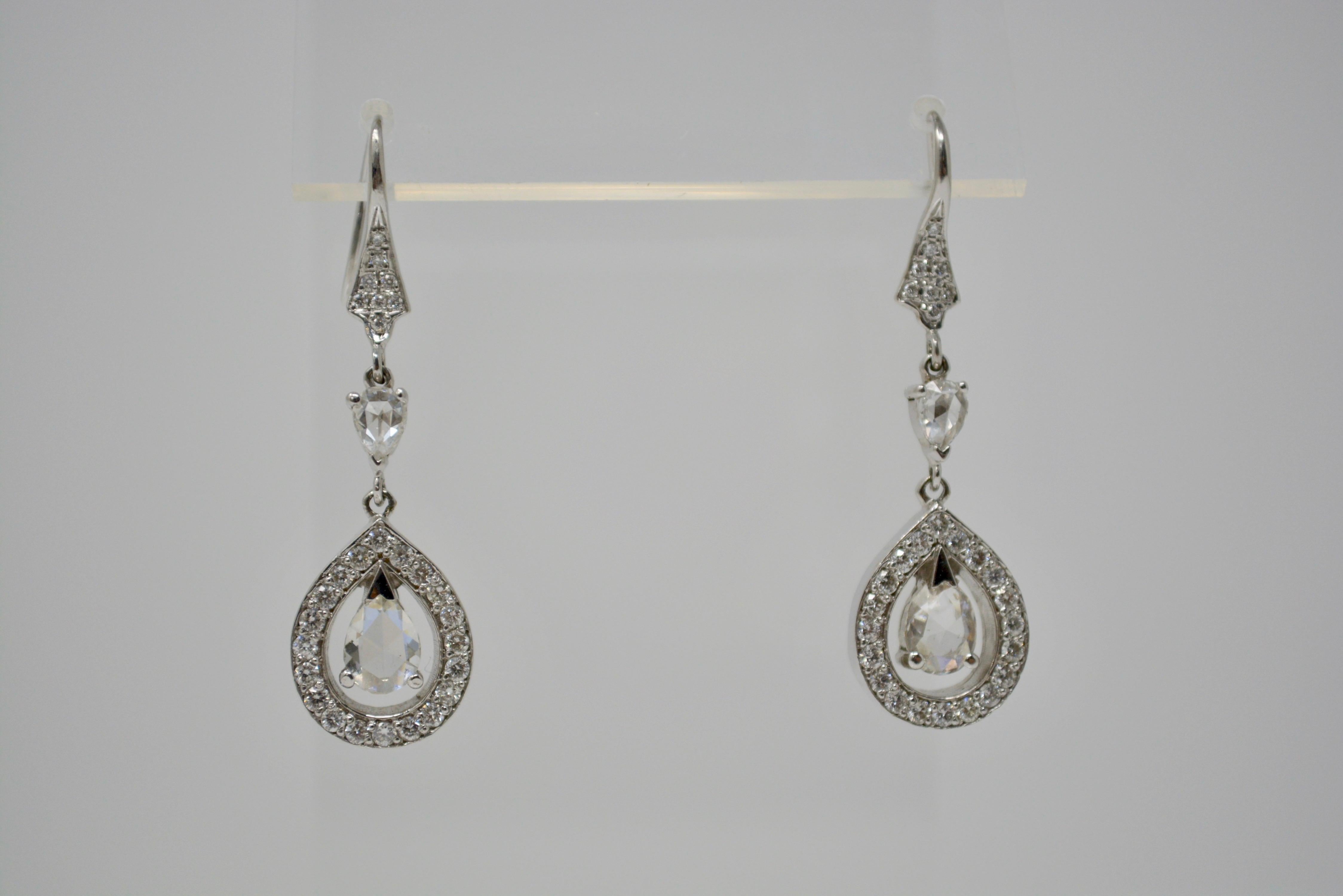 Contemporary 2.70 Carat Rose Cut Pear Shape Diamond Earrings in 18 Karat White Gold For Sale