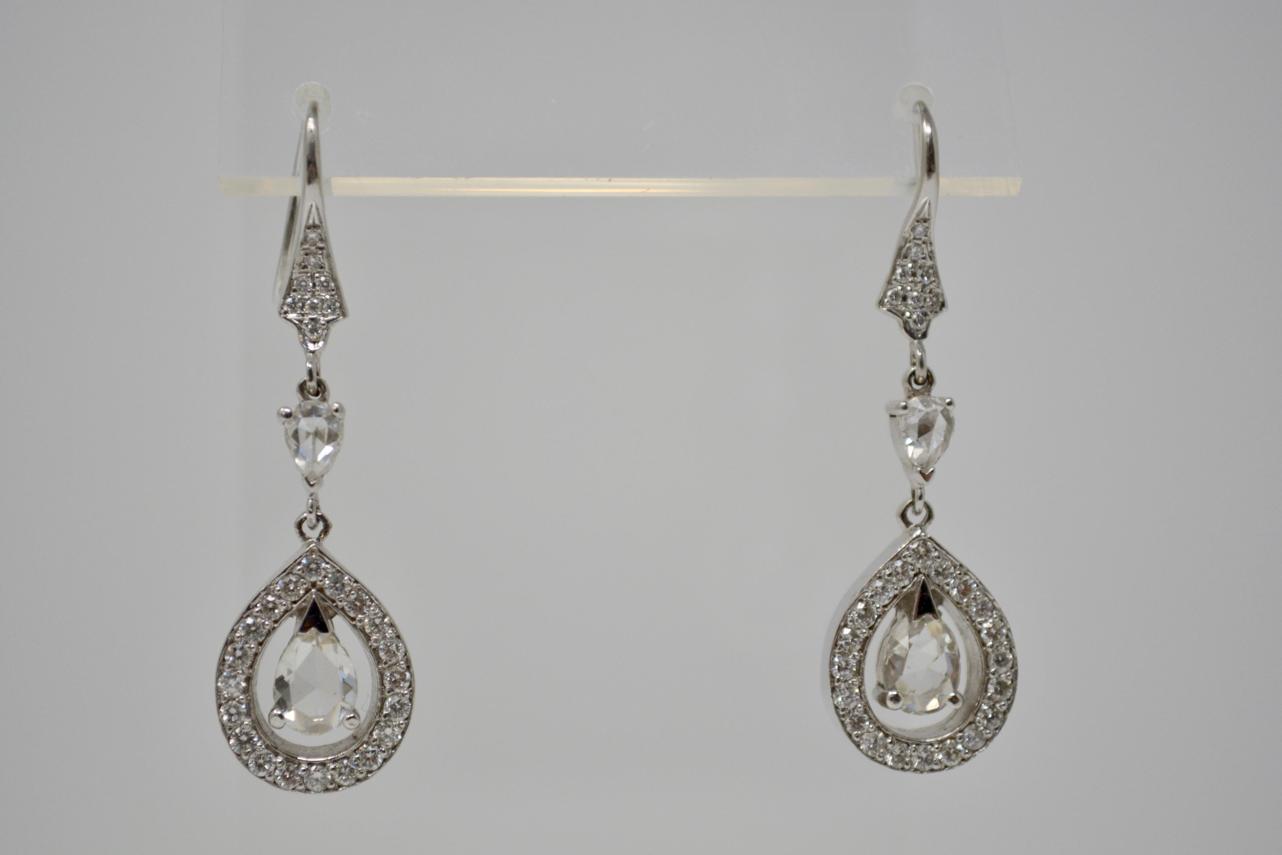 Women's 2.70 Carat Rose Cut Pear Shape Diamond Earrings in 18 Karat White Gold For Sale