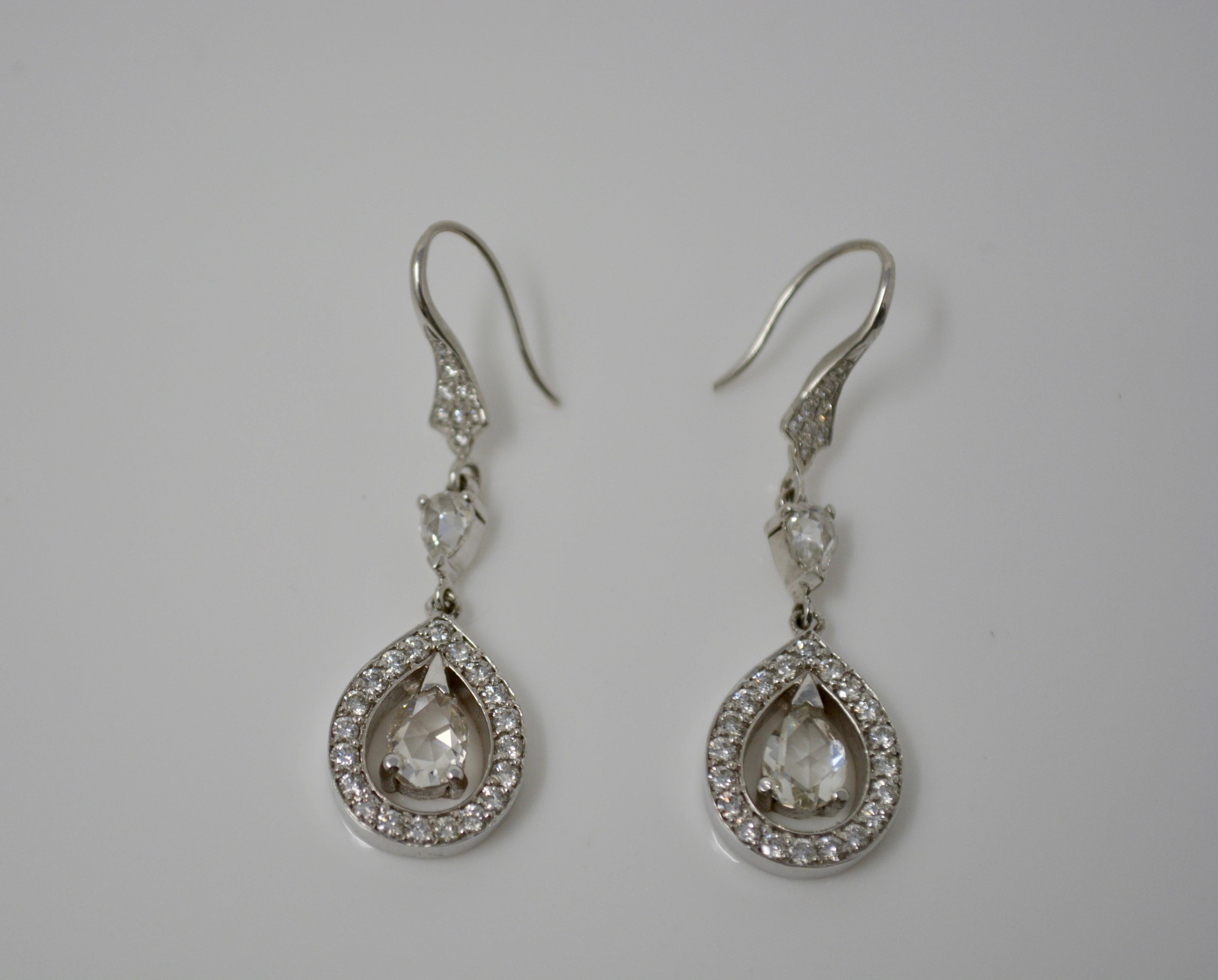 2.70 Carat Rose Cut Pear Shape Diamond Earrings in 18 Karat White Gold For Sale 1