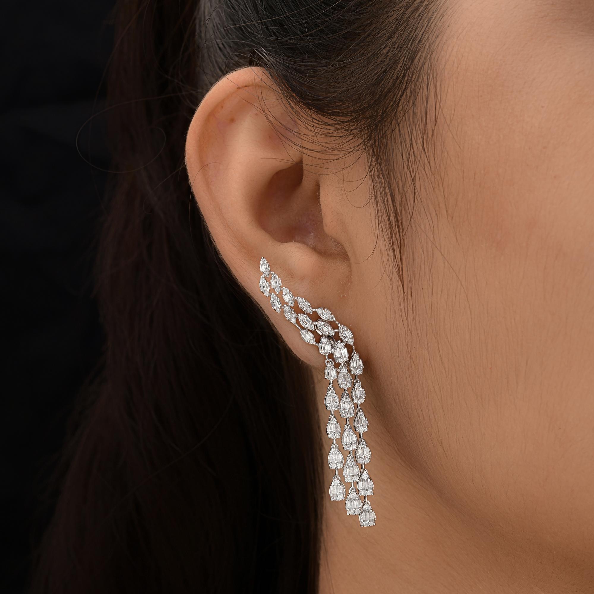 Baguette Cut 2.70 Carat SI Clarity HI Color Baguette Diamond Earrings 14 Karat White Gold For Sale