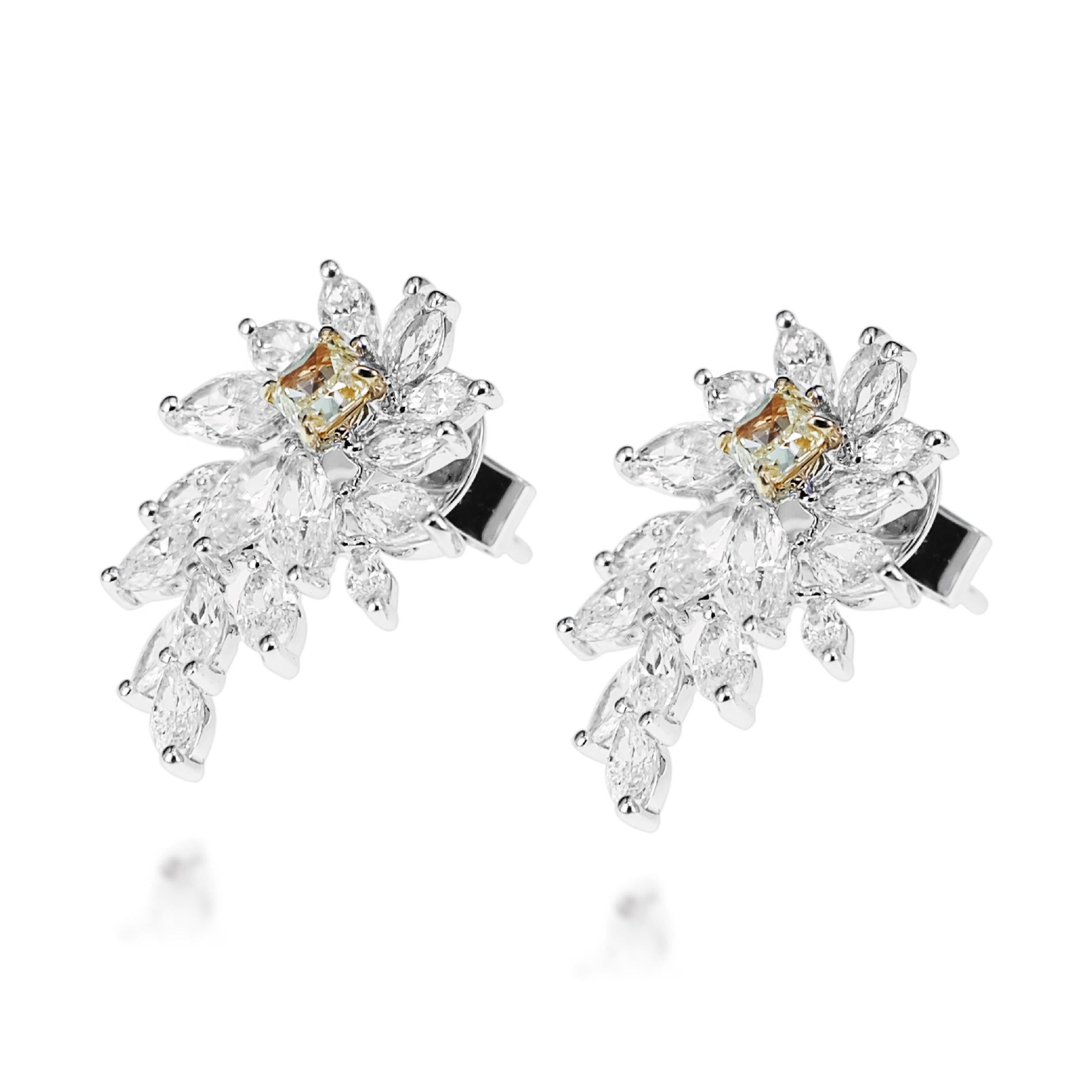 A combined carat weight of 2.70 carat of natural fancy intense yellow and white brilliant diamond are placed in this earring. 
The details of the earring are as follows:
Color: F
Clarity: Vs
