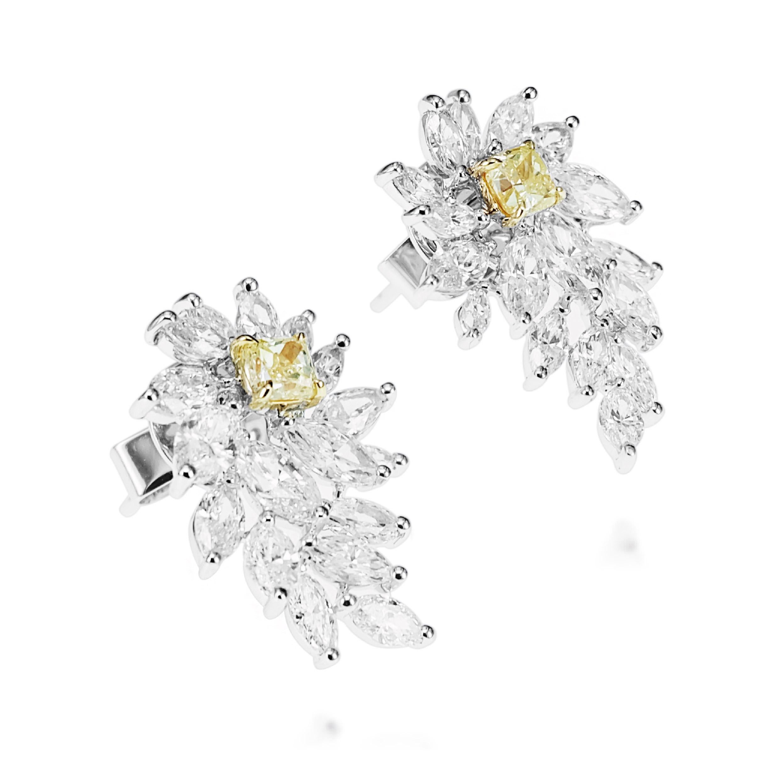 Art Nouveau 2.70 Carat Soothing Yellow and White Diamond Designer Wings Earring