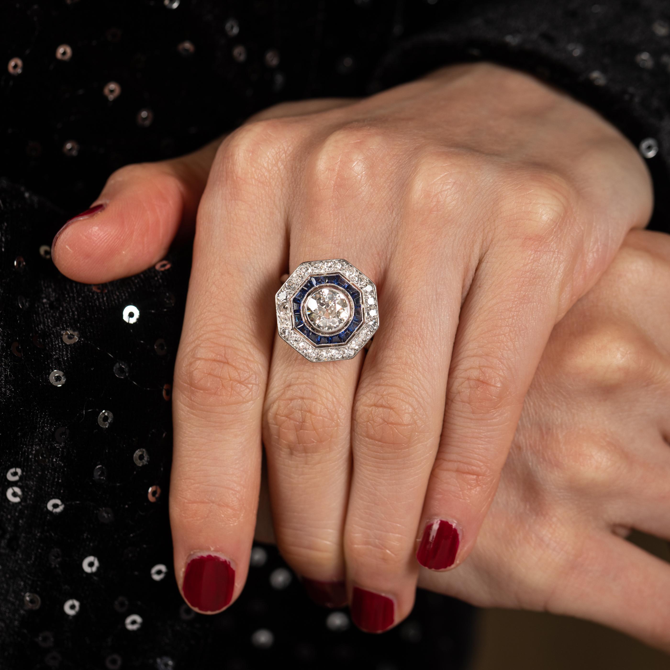 Round Cut 2.70 Carat Diamonds and Sapphires French Art Deco Ring