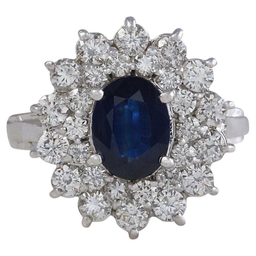 2.70 Carats Natural Blue Sapphire and Diamond 18K Solid White Gold Ring For Sale