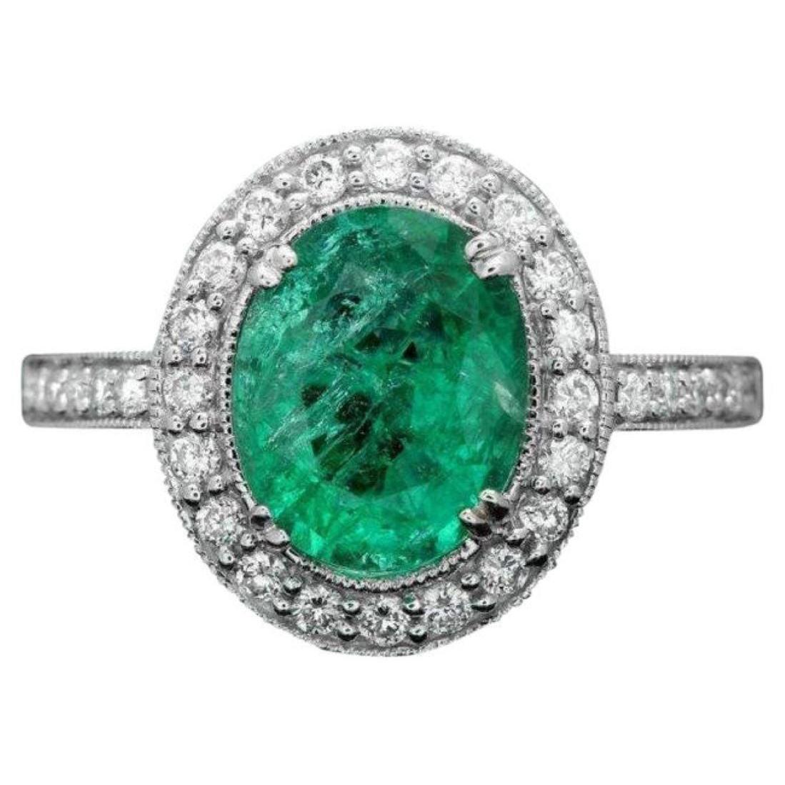 2.70 Carats Natural Emerald and Diamond 14K Solid White Gold Ring For Sale